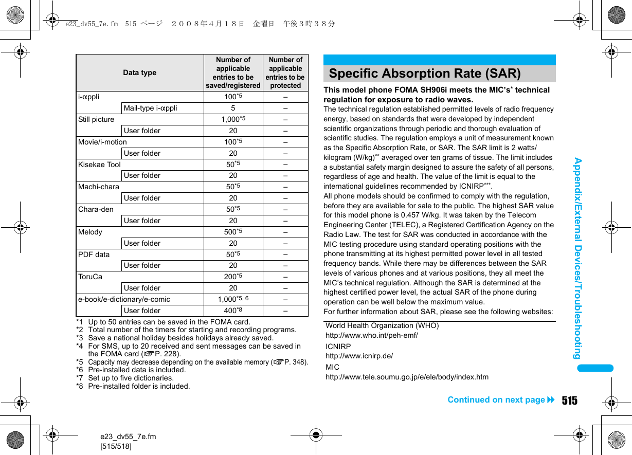 e23_dv55_7e.fm[515/518]515Continued on next pageAppendix/External Devices/Troubleshooting*1 Up to 50 entries can be saved in the FOMA card.*2 Total number of the timers for starting and recording programs.*3 Save a national holiday besides holidays already saved.*4 For SMS, up to 20 received and sent messages can be saved in the FOMA card (nP. 228).*5Capacity may decrease depending on the available memory (nP. 348).*6 Pre-installed data is included.*7 Set up to five dictionaries.*8 Pre-installed folder is included.This model phone FOMA SH906i meets the MIC’s* technical regulation for exposure to radio waves.The technical regulation established permitted levels of radio frequency energy, based on standards that were developed by independent scientific organizations through periodic and thorough evaluation of scientific studies. The regulation employs a unit of measurement known as the Specific Absorption Rate, or SAR. The SAR limit is 2 watts/kilogram (W/kg)** averaged over ten grams of tissue. The limit includes a substantial safety margin designed to assure the safety of all persons, regardless of age and health. The value of the limit is equal to the international guidelines recommended by ICNIRP***.All phone models should be confirmed to comply with the regulation, before they are available for sale to the public. The highest SAR value for this model phone is 0.457 W/kg. It was taken by the Telecom Engineering Center (TELEC), a Registered Certification Agency on the Radio Law. The test for SAR was conducted in accordance with the MIC testing procedure using standard operating positions with the phone transmitting at its highest permitted power level in all tested frequency bands. While there may be differences between the SAR levels of various phones and at various positions, they all meet the MIC’s technical regulation. Although the SAR is determined at the highest certified power level, the actual SAR of the phone during operation can be well below the maximum value.For further information about SAR, please see the following websites:i-appli 100*5 –Mail-type i-appli 5 –Still picture 1,000*5 –User folder 20 –Movie/i-motion 100*5 –User folder 20 –Kisekae Tool 50*5 –User folder 20 –Machi-chara 50*5 –User folder 20 –Chara-den 50*5 –User folder 20 –Melody 500*5 –User folder 20 –PDF data 50*5 –User folder 20 –ToruCa 200*5 –User folder 20 –e-book/e-dictionary/e-comic 1,000*5, 6 –User folder 400*8 –Data typeNumber of applicable entries to be saved/registeredNumber of applicable entries to be protectedSpecific Absorption Rate (SAR)World Health Organization (WHO)http://www.who.int/peh-emf/ICNIRPhttp://www.icnirp.de/MIChttp://www.tele.soumu.go.jp/e/ele/body/index.htme23_dv55_7e.fm  515 ページ  ２００８年４月１８日　金曜日　午後３時３８分