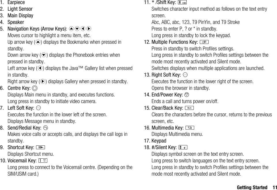 Getting Started 111. Earpiece2. Light Sensor3. Main Display4. Speaker5. Navigation Keys (Arrow Keys): abcdMoves cursor to highlight a menu item, etc.Up arrow key (a) displays the Bookmarks when pressed in standby.Down arrow key (b) displays the Phonebook entries when pressed in standby.Left arrow key (c) displays the Java™ Gallery list when pressed in standby.Right arrow key (d) displays Gallery when pressed in standby.6. Centre Key: BDisplays Main menu in standby, and executes functions.Long press in standby to initiate video camera.7. Left Soft Key: AExecutes the function in the lower left of the screen.Displays Message menu in standby.8. Send/Redial Key: DMakes voice calls or accepts calls, and displays the call logs in standby.9. Shortcut Key: EDisplays Shortcut menu.10. Voicemail Key: GLong press to connect to the Voicemail centre. (Depending on the SIM/USIM card.)11. * /Shift Key: PSwitches character input method as follows on the text entry screen.Abc, ABC, abc, 123, T9 PinYin, and T9 StrokePress to enter P, ? or * in standby.Long press in standby to lock the keypad.12. Multiple Functions Key: SPress in standby to switch Profiles settings.Long press in standby to switch Profiles settings between the mode most recently activated and Silent mode.Switches displays when multiple applications are launched.13. Right Soft Key: CExecutes the function in the lower right of the screen.Opens the browser in standby.14. End/Power Key: FEnds a call and turns power on/off.15. Clear/Back Key: UClears the characters before the cursor, returns to the previous screen, etc.16. Multimedia Key: TDisplays Multimedia menu.17. Keypad18. #/Silent Key: RDisplays symbol screen on the text entry screen.Long press to switch languages on the text entry screen.Long press in standby to switch Profiles settings between the mode most recently activated and Silent mode.