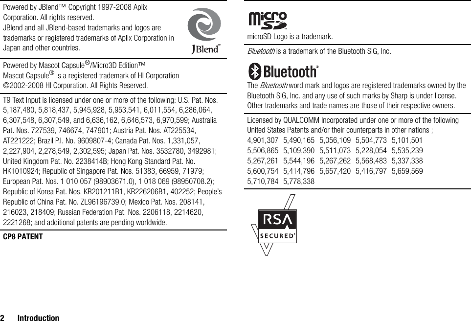 2 IntroductionPowered by JBlend™ Copyright 1997-2008 Aplix Corporation. All rights reserved.JBlend and all JBlend-based trademarks and logos are trademarks or registered trademarks of Aplix Corporation in Japan and other countries.Powered by Mascot Capsule®/Micro3D Edition™Mascot Capsule® is a registered trademark of HI Corporation©2002-2008 HI Corporation. All Rights Reserved.T9 Text Input is licensed under one or more of the following: U.S. Pat. Nos. 5,187,480, 5,818,437, 5,945,928, 5,953,541, 6,011,554, 6,286,064, 6,307,548, 6,307,549, and 6,636,162, 6,646,573, 6,970,599; Australia Pat. Nos. 727539, 746674, 747901; Austria Pat. Nos. AT225534, AT221222; Brazil P.I. No. 9609807-4; Canada Pat. Nos. 1,331,057, 2,227,904, 2,278,549, 2,302,595; Japan Pat. Nos. 3532780, 3492981; United Kingdom Pat. No. 2238414B; Hong Kong Standard Pat. No. HK1010924; Republic of Singapore Pat. Nos. 51383, 66959, 71979; European Pat. Nos. 1 010 057 (98903671.0), 1 018 069 (98950708.2); Republic of Korea Pat. Nos. KR201211B1, KR226206B1, 402252; People’s Republic of China Pat. No. ZL96196739.0; Mexico Pat. Nos. 208141, 216023, 218409; Russian Federation Pat. Nos. 2206118, 2214620, 2221268; and additional patents are pending worldwide.CP8 PATENTmicroSD Logo is a trademark.Bluetooth is a trademark of the Bluetooth SIG, Inc.The Bluetooth word mark and logos are registered trademarks owned by the Bluetooth SIG, Inc. and any use of such marks by Sharp is under license. Other trademarks and trade names are those of their respective owners.Licensed by QUALCOMM Incorporated under one or more of the following United States Patents and/or their counterparts in other nations ;4,901,307 5,490,165 5,056,109 5,504,773 5,101,5015,506,865 5,109,390 5,511,073 5,228,054 5,535,2395,267,261 5,544,196 5,267,262 5,568,483 5,337,3385,600,754 5,414,796 5,657,420 5,416,797 5,659,5695,710,784 5,778,338