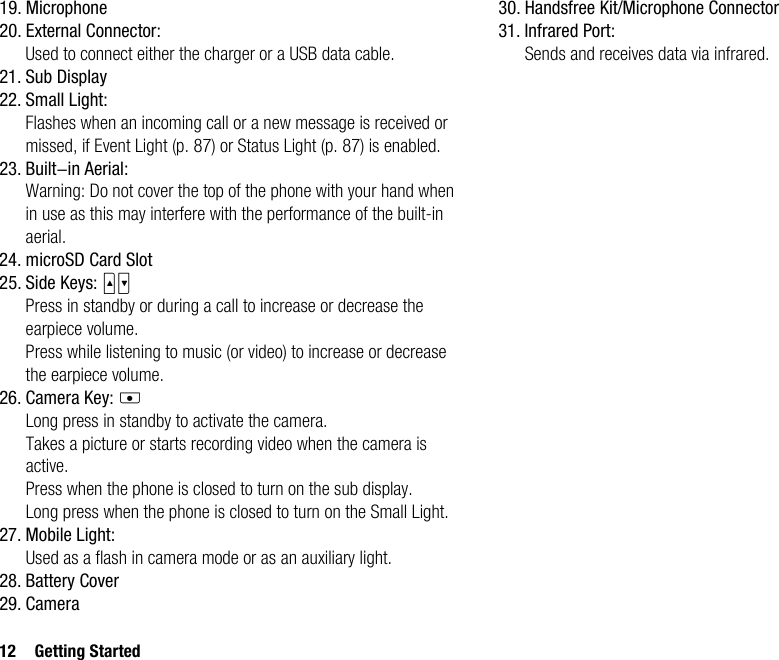 12 Getting Started19. Microphone20. External Connector:Used to connect either the charger or a USB data cable.21. Sub Display22. Small Light:Flashes when an incoming call or a new message is received or missed, if Event Light (p. 87) or Status Light (p. 87) is enabled.23. Built-in Aerial:Warning: Do not cover the top of the phone with your hand when in use as this may interfere with the performance of the built-in aerial.24. microSD Card Slot25. Side Keys: VWPress in standby or during a call to increase or decrease the earpiece volume.Press while listening to music (or video) to increase or decrease the earpiece volume.26. Camera Key: XLong press in standby to activate the camera.Takes a picture or starts recording video when the camera is active.Press when the phone is closed to turn on the sub display.Long press when the phone is closed to turn on the Small Light.27. Mobile Light:Used as a flash in camera mode or as an auxiliary light.28. Battery Cover29. Camera30. Handsfree Kit/Microphone Connector31. Infrared Port:Sends and receives data via infrared.