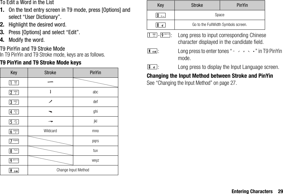 Entering Characters 29To Edit a Word in the List1. On the text entry screen in T9 mode, press [Options] and select “User Dictionary”.2. Highlight the desired word.3. Press [Options] and select “Edit”.4. Modify the word.T9 PinYin and T9 Stroke ModeIn T9 PinYin and T9 Stroke mode, keys are as follows.T9 PinYin and T9 Stroke Mode keysG-O: Long press to input corresponding Chinese character displayed in the candidate field.P: Long press to enter tones “ ” in T9 PinYin mode.R: Long press to display the Input Language screen.Changing the Input Method between Stroke and PinYinSee “Changing the Input Method” on page 27.Key Stroke PinYinGHabcIdefJghiKjklLWildcard mnoMpqrsNtuvOwxyzPChange Input MethodQSpaceRGo to the FullWidth Symbols screen.Key Stroke PinYin