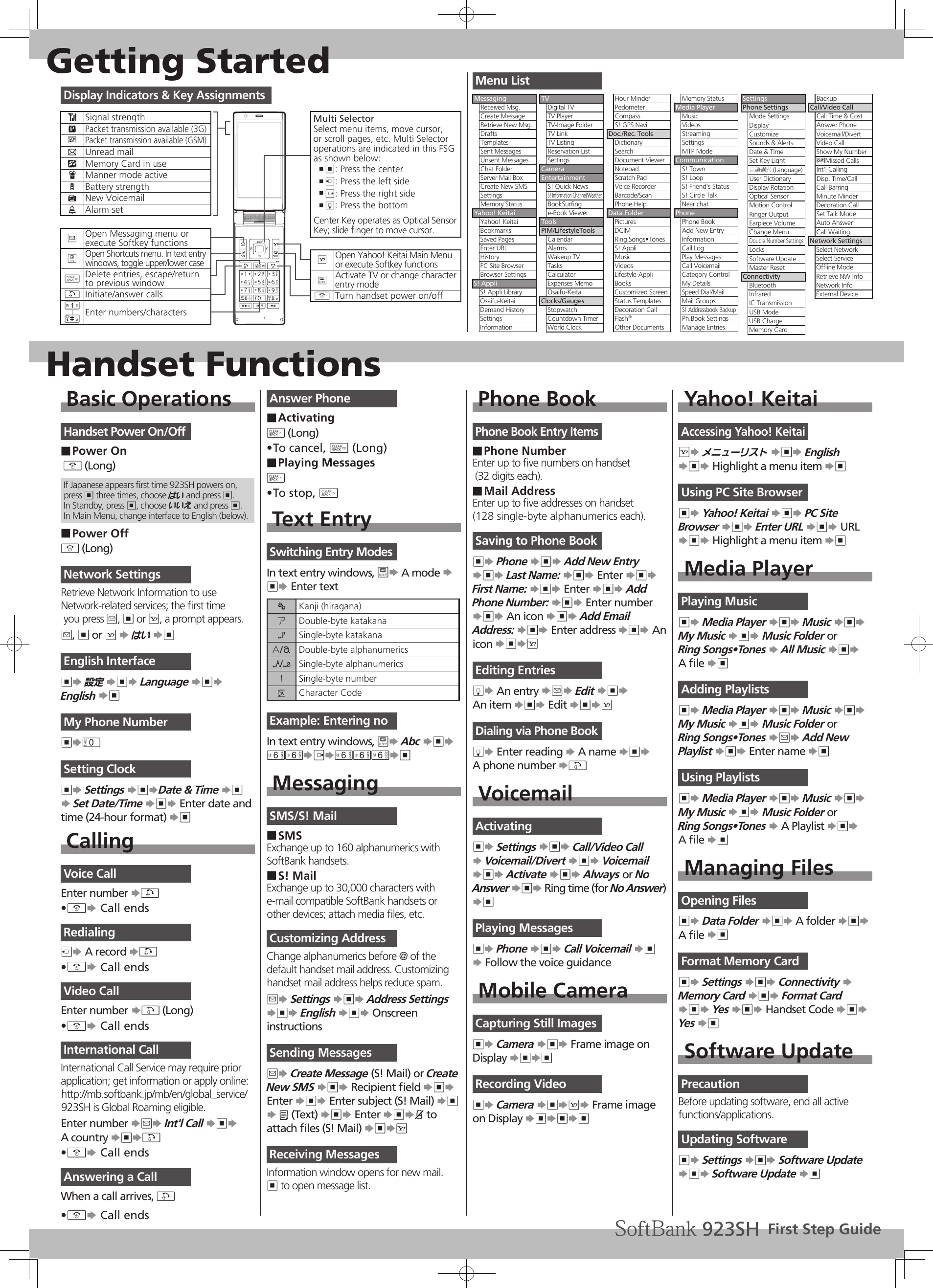 Getting StartedHandset FunctionsBasic OperationsHandset Power On/OffPower On ■ &quot; (Long)If Japanese appears ﬁrst time 923SH powers on, press % three times, choose はい and press %. In Standby, press %, choose いいえ and press %. In Main Menu, change interface to English (below).Power Off ■&quot; (Long)Network SettingsRetrieve Network Information to useNetwork-related services; the ﬁrst time you press B, % or A, a prompt appears.B, % or A S はい S%English Interface%S 設定 S%S Language S%S English S%My Phone Number%S0 Setting Clock%S Settings S%SDate &amp; Time S% S Set Date/Time S%S Enter date and time (24-hour format) S%CallingVoice CallEnter number S!&quot;• S Call endsRedialingcS A record S!&quot;• S Call endsVideo CallEnter number S! (Long)&quot;• S Call endsInternational CallInternational Call Service may require prior application; get information or apply online:http://mb.softbank.jp/mb/en/global_service/923SH is Global Roaming eligible.Enter number SBS Int&apos;l Call S%S A country S%S!&quot;• S Call endsAnswering a CallWhen a call arrives, !&quot;• S Call endsAnswer PhoneActivating ■$ (Long)To cancel, • $ (Long)Playing Messages ■$ To stop, • $Text EntrySwitching Entry ModesIn text entry windows, &amp;S A mode S %S Enter text&apos;Kanji (hiragana)BDouble-byte katakana&lt;Single-byte katakanaD/EDouble-byte alphanumerics&gt;/.Single-byte alphanumericsHSingle-byte numberICharacter Code Example: Entering noIn text entry windows, &amp;S Abc S%S 66SdS666S%MessagingSMS/S! MailSMS ■Exchange up to 160 alphanumerics with SoftBank handsets.S! Mail ■Exchange up to 30,000 characters with e-mail compatible SoftBank handsets or other devices; attach media ﬁles, etc.Customizing AddressChange alphanumerics before @ of the default handset mail address. Customizing handset mail address helps reduce spam.BS Settings S%S Address Settings S%S English S%S Onscreen instructionsSending MessagesBS Create Message (S! Mail) or Create New SMS S%S Recipient ﬁeld S%S Enter S%S Enter subject (S! Mail) S% S C (Text) S%S Enter S%Sk to attach ﬁles (S! Mail) S%SAReceiving MessagesInformation window opens for new mail.% to open message list.Phone BookPhone Book Entry ItemsPhone Number ■Enter up to ﬁve numbers on handset  (32 digits each).Mail Address ■Enter up to ﬁve addresses on handset  (128 single-byte alphanumerics each).Saving to Phone Book%S Phone S%S Add New Entry S%S Last Name: S%S Enter S%S First Name: S%S Enter S%S Add Phone Number: S%S Enter number S%S An icon S%S Add Email Address: S%S Enter address S%S An icon S%SAEditing EntriesbS An entry SBS Edit S%S  An item S%S Edit S%SADialing via Phone BookbS Enter reading S A name S%S  A phone number S!VoicemailActivating%S Settings S%S Call/Video Call S Voicemail/Divert S%S Voicemail S%S Activate S%S Always or No  Answer S%S Ring time (for No Answer) S%Playing Messages%S Phone S%S Call Voicemail S% S Follow the voice guidanceMobile CameraCapturing Still Images%S Camera S%S Frame image on Display S%S%Recording Video%S Camera S%SAS Frame image on Display S%S%S%Yahoo! KeitaiAccessing Yahoo! KeitaiAS メニューリスト S%S English S%S Highlight a menu item S%Using PC Site Browser%S Yahoo! Keitai S%S PC Site Browser S%S Enter URL S%S URL  S%S Highlight a menu item S%Media PlayerPlaying Music%S Media Player S%S Music S%S My Music S%S Music Folder or  Ring Songs•Tones S All Music S%S A ﬁle S%Adding Playlists%S Media Player S%S Music S%S My Music S%S Music Folder or  Ring Songs•Tones SBS Add New Playlist S%S Enter name S%Using Playlists%S Media Player S%S Music S%S My Music S%S Music Folder or  Ring Songs•Tones S A Playlist S%S  A ﬁle S%Managing FilesOpening Files%S Data Folder S%S A folder S%S A ﬁle S%Format Memory Card%S Settings S%S Connectivity S Memory Card S%S Format Card S%S Yes S%S Handset Code S%S Yes S%Software UpdatePrecautionBefore updating software, end all active functions/applications.Updating Software%S Settings S%S Software Update S%S Software Update S%Menu ListMulti SelectorSelect menu items, move cursor,  or scroll pages, etc. Multi Selector operations are indicated in this FSG as shown below:% , : Press the centerc , : Press the left sided , : Press the right sideb , : Press the bottomCenter Key operates as Optical Sensor Key; slide ﬁnger to move cursor.AOpen Yahoo! Keitai Main Menu or execute Softkey functions&amp;Activate TV or change characterentry mode &quot;Turn handset power on/offDisplay Indicators &amp; Key Assignments!Signal strength&quot;Packet transmission available (3G)hPacket transmission available (GSM)CUnread mail@Memory Card in useJManner mode active0Battery strengthNNew VoicemailPAlarm setBOpen Messaging menu or execute Softkey functions&apos;Open Shortcuts menu. In text entry windows, toggle upper/lower case$Delete entries, escape/return to previous window!Initiate/answer calls1|#Enter numbers/charactersMessagingReceived Msg.Create MessageRetrieve New Msg.DraftsTemplatesSent MessagesUnsent MessagesChat FolderServer Mail BoxCreate New SMSSettingsMemory StatusYahoo! KeitaiYahoo! KeitaiBookmarksSaved PagesEnter URLHistoryPC Site BrowserBrowser SettingsS! AppliS! Appli LibraryOsaifu-KeitaiDemand HistorySettingsInformationTVDigital TVTV PlayerTV-Image FolderTV LinkTV ListingReservation ListSettingsCameraEntertainmentS! Quick NewsS! Information Channel/WeatherBookSurﬁnge-Book ViewerToolsPIM/LifestyleToolsCalendarAlarmsWakeup TVTasksCalculatorExpenses MemoOsaifu-KeitaiClocks/GaugesStopwatchCountdown TimerWorld ClockHour MinderPedometerCompassS! GPS NaviDoc./Rec. ToolsDictionarySearchDocument ViewerNotepadScratch PadVoice RecorderBarcode/ScanPhone HelpData FolderPicturesDCIMRing Songs•TonesS! AppliMusicVideosLifestyle-AppliBooksCustomized ScreenStatus TemplatesDecoration CallFlash®Other DocumentsMemory StatusMedia PlayerMusicVideosStreamingSettingsMTP ModeCommunicationS! TownS! LoopS! Friend&apos;s StatusS! Circle TalkNear chatPhonePhone BookAdd New EntryInformationCall LogPlay MessagesCall VoicemailCategory ControlMy DetailsSpeed Dial/MailMail GroupsS! Addressbook BackupPh.Book SettingsManage EntriesSettingsPhone SettingsMode SettingsDisplayCustomizeSounds &amp; AlertsDate &amp; TimeSet Key Light言語選択 (Language)User DictionaryDisplay RotationOptical SensorMotion ControlRinger OutputEarpiece VolumeChange MenuDouble Number SettingsLocksSoftware UpdateMaster ResetConnectivityBluetoothInfraredIC TransmissionUSB ModeUSB ChargeMemory CardBackupCall/Video CallCall Time &amp; CostAnswer PhoneVoicemail/DivertVideo CallShow My Number)Missed CallsInt&apos;l CallingDisp. Time/CallCall BarringMinute MinderDecoration CallSet Talk ModeAuto AnswerCall WaitingNetwork SettingsSelect NetworkSelect ServiceOfﬂine ModeRetrieve NW InfoNetwork InfoExternal DeviceFirst Step Guide