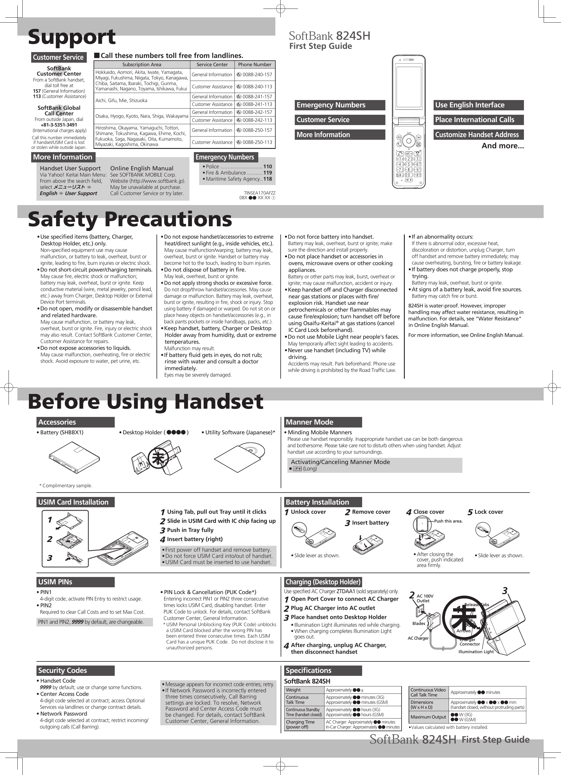 SupportSafety PrecautionsBefore Using HandsetUse speciﬁed items (battery, Charger, • Desktop Holder, etc.) only.Non-speciﬁed equipment use may cause malfunction, or battery to leak, overheat, burst or ignite, leading to ﬁre, burn injuries or electric shock.Do not short-circuit power/charging terminals.• May cause ﬁre, electric shock or malfunction; battery may leak, overheat, burst or ignite. Keep conductive material (wire, metal jewelry, pencil lead, etc.) away from Charger, Desktop Holder or External Device Port terminals.Do not open, modify or disassemble handset • and related hardware.May cause malfunction, or battery may leak, overheat, burst or ignite. Fire, injury or electric shock may also result. Contact SoftBank Customer Center, Customer Assistance for repairs.Do not expose accessories to liquids.• May cause malfunction, overheating, ﬁre or electric shock. Avoid exposure to water, pet urine, etc.Do not expose handset/accessories to extreme • heat/direct sunlight (e.g., inside vehicles, etc.).May cause malfunction/warping; battery may leak, overheat, burst or ignite. Handset or battery may become hot to the touch, leading to burn injuries.Do not dispose of battery in ﬁre.• May leak, overheat, burst or ignite.Do not apply strong shocks or excessive force.• Do not drop/throw handset/accessories. May cause damage or malfunction. Battery may leak, overheat, burst or ignite, resulting in ﬁre, shock or injury. Stop using battery if damaged or warped. Do not sit on or place heavy objects on handset/accessories (e.g., in back pants pockets or inside handbags, packs, etc.).Keep handset, battery, Charger or Desktop • Holder away from humidity, dust or extreme temperatures.Malfunction may result.If battery ﬂuid gets in eyes, do not rub; • rinse with water and consult a doctor immediately.Eyes may be severely damaged.Do not force battery into handset.• Battery may leak, overheat, burst or ignite; make sure the direction and install properly.Do not place handset or accessories in • ovens, microwave ovens or other cooking appliances.Battery or other parts may leak, burst, overheat or ignite; may cause malfunction, accident or injury.Keep handset off and Charger disconnected • near gas stations or places with ﬁre/explosion risk. Handset use near petrochemicals or other ﬂammables may cause ﬁre/explosion; turn handset off before using Osaifu-Keitai® at gas stations (cancel IC Card Lock beforehand).Do not use Mobile Light near people&apos;s faces.• May temporarily affect sight leading to accidents.Never use handset (including TV) while • driving.Accidents may result. Park beforehand. Phone use while driving is prohibited by the Road Trafﬁc Law.If an abnormality occurs:• If there is abnormal odor, excessive heat, discoloration or distortion, unplug Charger, turn off handset and remove battery immediately; may cause overheating, bursting, ﬁre or battery leakage.If battery does not charge properly, stop • trying.Battery may leak, overheat, burst or ignite.At signs of a battery leak, avoid ﬁre sources.• Battery may catch ﬁre or burst.824SH is water-proof. However, improper handling may affect water resistance, resulting in malfunction. For details, see &quot;Water Resistance&quot; in Online English Manual.For more information, see Online English Manual.Manner ModeMinding Mobile Manners• Please use handset responsibly. Inappropriate handset use can be both dangerousand bothersome. Please take care not to disturb others when using handset. Adjusthandset use according to your surroundings. Activating/Canceling Manner Mode) ,  (Long)USIM Card Installation123Using Tab, pull out Tray until it clicks1 Slide in USIM Card with IC chip facing up2 Push in Tray fully3 Insert battery (right)4 First power off handset and remove battery.• Do not force USIM Card into/out of handset.• USIM Card must be inserted to use handset.• USIM PINsPIN1• 4-digit code; activate PIN Entry to restrict usage.PIN2• Required to clear Call Costs and to set Max Cost.PIN1 and PIN2, 9999 by default, are changeable.PIN Lock &amp; Cancellation (PUK Code*)• Entering incorrect PIN1 or PIN2 three consecutivetimes locks USIM Card, disabling handset. EnterPUK Code to unlock. For details, contact SoftBank Customer Center, General Information.USIM Personal Unblocking Key (PUK Code) unblocks * a USIM Card blocked after the wrong PIN has been entered three consecutive times. Each USIM Card has a unique PUK Code.  Do not disclose it to unauthorized persons.Security CodesHandset Code• 9999 by default; use or change some functions.Center Access Code• 4-digit code selected at contract; access Optional Services via landlines or change contract details.Network Password• 4-digit code selected at contract; restrict incoming/outgoing calls (Call Barring).Message appears for incorrect code entries; retry.• If Network Password is incorrectly entered • three times consecutively, Call Barring settings are locked. To resolve, Network Password and Center Access Code must be changed. For details, contact SoftBank Customer Center, General Information.Battery InstallationUnlock cover1 Slide lever as shown.• Remove cover2 Insert battery3 Close cover4 Push this area.After closing the • cover, push indicated area ﬁrmly.Lock cover5 Slide lever as shown.• Charging (Desktop Holder)Use speciﬁed AC Charger ZTDAA1 (sold separately) only.Open Port Cover to connect AC Charger1 Plug AC Charger into AC outlet2 Place handset onto Desktop Holder3 Illumination Light illuminates red while charging.• When charging completes Illumination Light • goes out.After charging, unplug AC Charger, 4 then disconnect handsetAC 100VOutletBladesAC ChargerRelease TabsCharger ConnectorArrows21Illumination Light3SpeciﬁcationsSoftBank 824SHWeight Approximately ●● gContinuousTalk TimeApproximately ●● minutes (3G)Approximately ●● minutes (GSM)Continuous Standby Time (handset closed)Approximately ●● hours (3G)Approximately ●● hours (GSM)Charging Time(power off)AC Charger: Approximately ●● minutesIn-Car Charger: Approximately ●● minutesContinuous Video Call Talk Time Approximately ●● minutesDimensions(W x H x D)Approximately ●● x ●● x ●● mm(handset closed, without protruding parts)Maximum Output ●● W (3G)●● W (GSM)Values calculated with battery installed.• Call these numbers toll free from landlines. ■Subscription Area Service Center Phone NumberHokkaido, Aomori, Akita, Iwate, Yamagata, Miyagi, Fukushima, Niigata, Tokyo, Kanagawa, Chiba, Saitama, Ibaraki, Tochigi, Gunma, Yamanashi, Nagano, Toyama, Ishikawa, FukuiGeneral Information m 0088-240-157Customer Assistance m 0088-240-113Aichi, Gifu, Mie, Shizuoka General Information m 0088-241-157Customer Assistance m 0088-241-113Osaka, Hyogo, Kyoto, Nara, Shiga, Wakayama General Information m 0088-242-157Customer Assistance m 0088-242-113Hiroshima, Okayama, Yamaguchi, Tottori, Shimane, Tokushima, Kagawa, Ehime, Kochi, Fukuoka, Saga, Nagasaki, Oita, Kumamoto, Miyazaki, Kagoshima, OkinawaGeneral Information m 0088-250-157Customer Assistance m 0088-250-113Customer ServiceSoftBank  Customer CenterFrom a SoftBank handset, dial toll free at157 (General Information) 113 (Customer Assistance)SoftBank Global  Call CenterFrom outside Japan, dial+81-3-5351-3491 (International charges apply)Call this number immediatelyif handset/USIM Card is lostor stolen while outside Japan.Emergency NumbersPolice•   .............................110Fire &amp; Ambulance•   ...........119Maritime Safety Agency•   ..118First Step GuideUse English InterfaceEmergency NumbersPlace International CallsCustomer ServiceCustomize Handset AddressMore InformationAnd more...AccessoriesBattery (SHBBX1)•  Desktop Holder ( ●●●● )•  Utility Software (Japanese)*• Complimentary sample.* More InformationHandset User SupportVia Yahoo! Keitai Main Menu:From above the search ﬁeld, select メニューリスト S  English S User SupportOnline English ManualSee SOFTBANK MOBILE Corp. Website (http://www.softbank.jp).May be unavailable at purchase. Call Customer Service or try later.未TINSEA170AFZZ08X ●● XX XX ①First Step Guide未