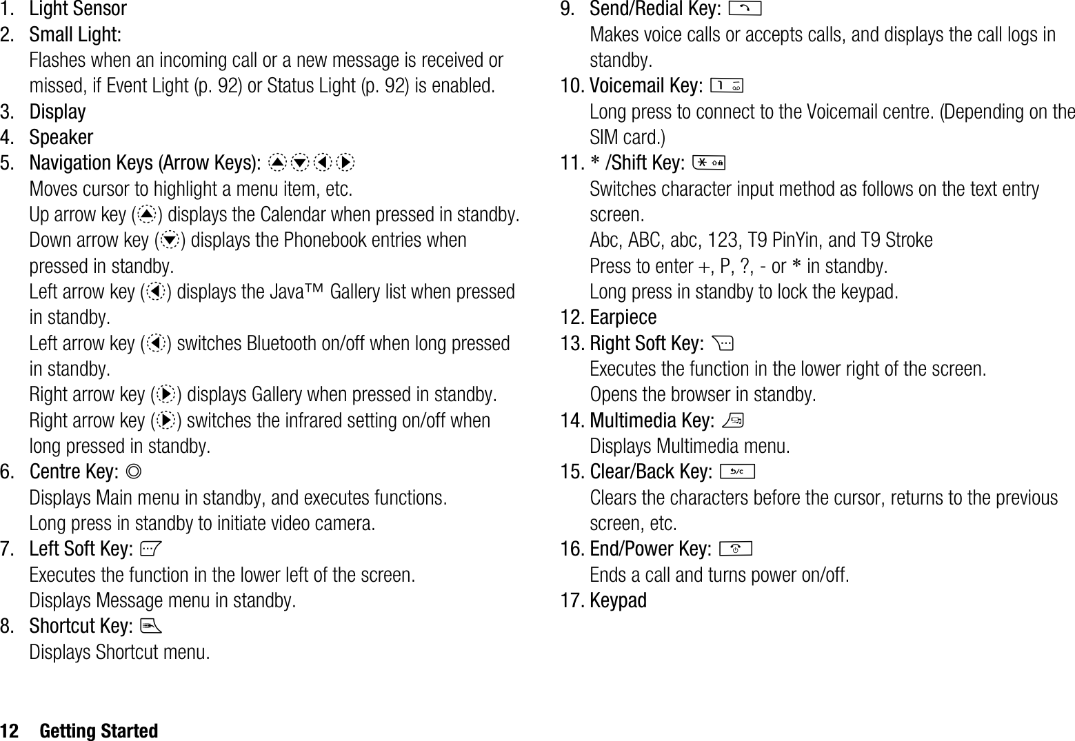 12 Getting Started1. Light Sensor2. Small Light:Flashes when an incoming call or a new message is received or missed, if Event Light (p. 92) or Status Light (p. 92) is enabled.3. Display4. Speaker5. Navigation Keys (Arrow Keys): abcdMoves cursor to highlight a menu item, etc.Up arrow key (a) displays the Calendar when pressed in standby.Down arrow key (b) displays the Phonebook entries when pressed in standby.Left arrow key (c) displays the Java™ Gallery list when pressed in standby.Left arrow key (c) switches Bluetooth on/off when long pressed in standby.Right arrow key (d) displays Gallery when pressed in standby.Right arrow key (d) switches the infrared setting on/off when long pressed in standby.6. Centre Key: BDisplays Main menu in standby, and executes functions.Long press in standby to initiate video camera.7. Left Soft Key: AExecutes the function in the lower left of the screen.Displays Message menu in standby.8. Shortcut Key: EDisplays Shortcut menu.9. Send/Redial Key: DMakes voice calls or accepts calls, and displays the call logs in standby.10. Voicemail Key: GLong press to connect to the Voicemail centre. (Depending on the SIM card.)11. * /Shift Key: PSwitches character input method as follows on the text entry screen.Abc, ABC, abc, 123, T9 PinYin, and T9 StrokePress to enter , P, ?, - or * in standby.Long press in standby to lock the keypad.12. Earpiece13. Right Soft Key: CExecutes the function in the lower right of the screen.Opens the browser in standby.14. Multimedia Key: TDisplays Multimedia menu.15. Clear/Back Key: UClears the characters before the cursor, returns to the previous screen, etc.16. End/Power Key: FEnds a call and turns power on/off.17. Keypad