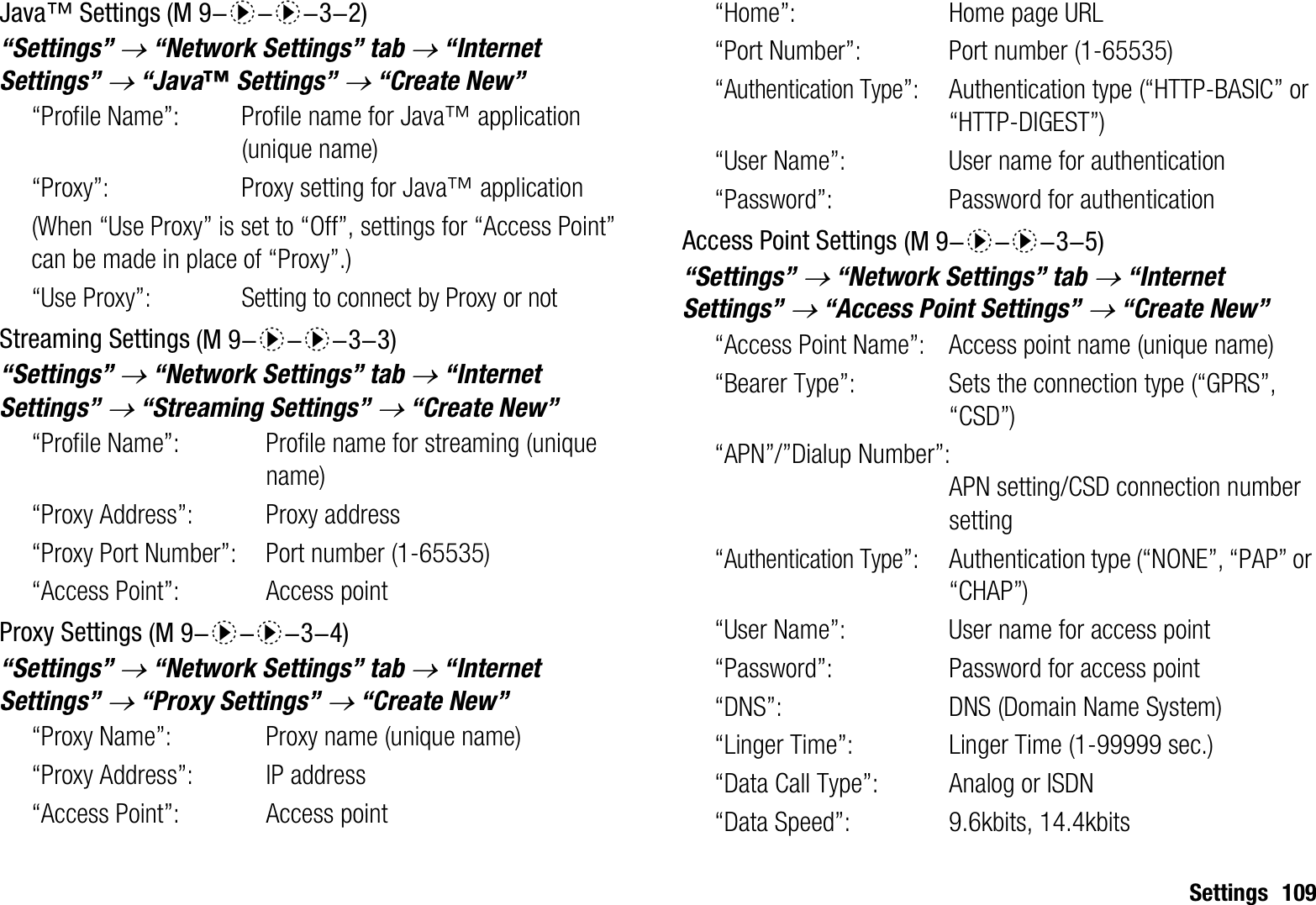 Settings 109Java™ Settings“Settings” o “Network Settings” tab o “Internet Settings” o “Java™ Settings” o “Create New”“Profile Name”: Profile name for Java™ application (unique name)“Proxy”: Proxy setting for Java™ application(When “Use Proxy” is set to “Off”, settings for “Access Point” can be made in place of “Proxy”.)“Use Proxy”:Setting to connect by Proxy or notStreaming Settings“Settings” o “Network Settings” tab o“Internet Settings” o “Streaming Settings” o “Create New”“Profile Name”: Profile name for streaming (unique name)“Proxy Address”: Proxy address“Proxy Port Number”: Port number (1-65535)“Access Point”: Access pointProxy Settings“Settings” o “Network Settings” tab o “Internet Settings” o “Proxy Settings” o “Create New”“Proxy Name”:  Proxy name (unique name)“Proxy Address”: IP address“Access Point”: Access point“Home”: Home page URL“Port Number”: Port number (1-65535)“Authentication Type”: Authentication type (“HTTP-BASIC” or “HTTP-DIGEST”)“User Name”: User name for authentication“Password”: Password for authenticationAccess Point Settings“Settings” o “Network Settings” tab o “Internet Settings” o “Access Point Settings” o “Create New”“Access Point Name”: Access point name (unique name)“Bearer Type”: Sets the connection type (“GPRS”, “CSD”)“APN”/”Dialup Number”:APN setting/CSD connection number setting“Authentication Type”: Authentication type (“NONE”, “PAP” or “CHAP”)“User Name”: User name for access point“Password”: Password for access point“DNS”: DNS (Domain Name System)“Linger Time”: Linger Time (1-99999 sec.)“Data Call Type”: Analog or ISDN“Data Speed”: 9.6kbits, 14.4kbits (M 9-d-d-3-2) (M 9-d-d-3-3) (M 9-d-d-3-4) (M 9-d-d-3-5)