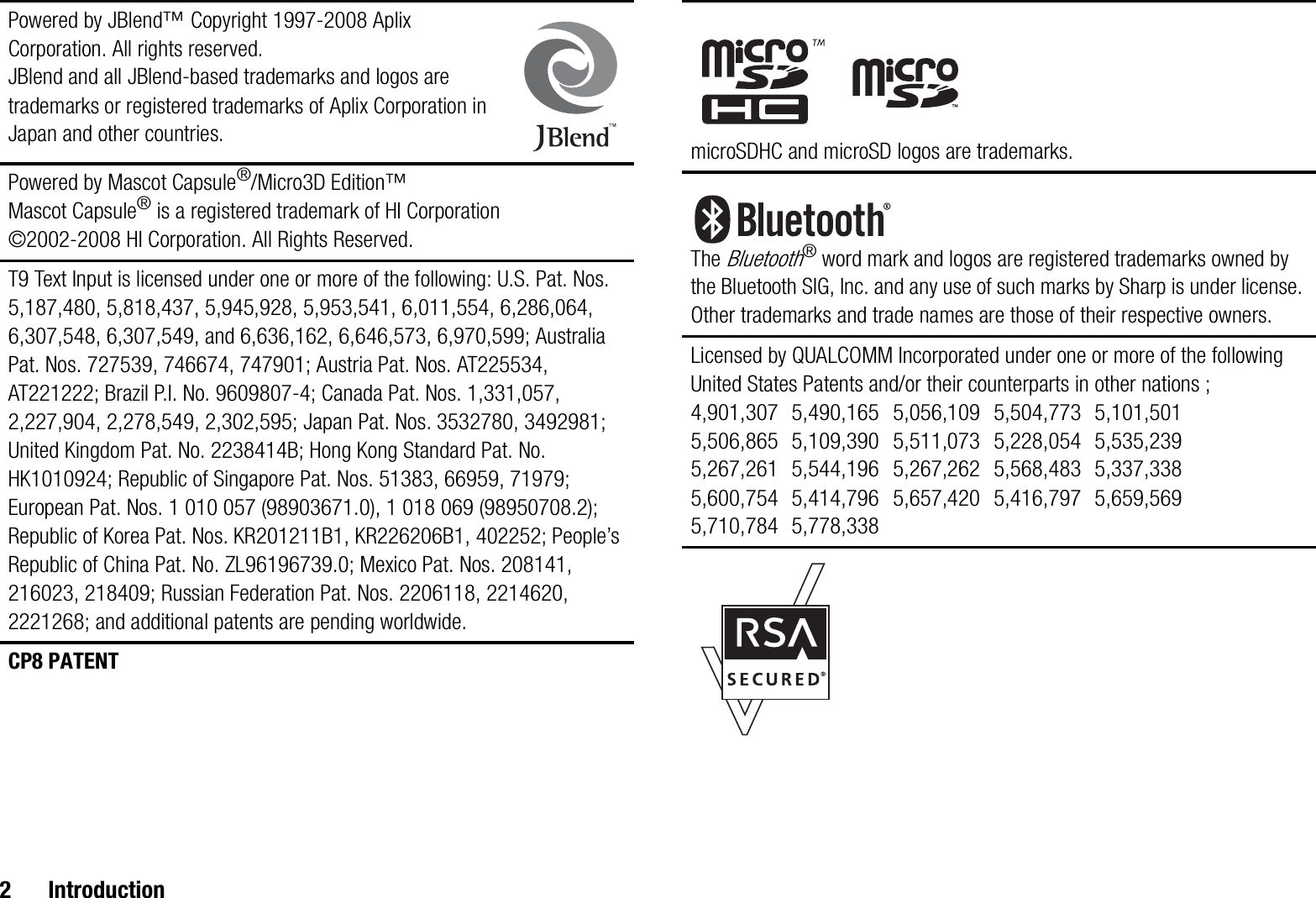 2 IntroductionPowered by JBlend™ Copyright 1997-2008 Aplix Corporation. All rights reserved.JBlend and all JBlend-based trademarks and logos are trademarks or registered trademarks of Aplix Corporation in Japan and other countries.Powered by Mascot Capsule®/Micro3D Edition™Mascot Capsule® is a registered trademark of HI Corporation©2002-2008 HI Corporation. All Rights Reserved.T9 Text Input is licensed under one or more of the following: U.S. Pat. Nos. 5,187,480, 5,818,437, 5,945,928, 5,953,541, 6,011,554, 6,286,064, 6,307,548, 6,307,549, and 6,636,162, 6,646,573, 6,970,599; Australia Pat. Nos. 727539, 746674, 747901; Austria Pat. Nos. AT225534, AT221222; Brazil P.I. No. 9609807-4; Canada Pat. Nos. 1,331,057, 2,227,904, 2,278,549, 2,302,595; Japan Pat. Nos. 3532780, 3492981; United Kingdom Pat. No. 2238414B; Hong Kong Standard Pat. No. HK1010924; Republic of Singapore Pat. Nos. 51383, 66959, 71979; European Pat. Nos. 1 010 057 (98903671.0), 1 018 069 (98950708.2); Republic of Korea Pat. Nos. KR201211B1, KR226206B1, 402252; People’s Republic of China Pat. No. ZL96196739.0; Mexico Pat. Nos. 208141, 216023, 218409; Russian Federation Pat. Nos. 2206118, 2214620, 2221268; and additional patents are pending worldwide.CP8 PATENTmicroSDHC and microSD logos are trademarks.The Bluetooth® word mark and logos are registered trademarks owned by the Bluetooth SIG, Inc. and any use of such marks by Sharp is under license. Other trademarks and trade names are those of their respective owners.Licensed by QUALCOMM Incorporated under one or more of the following United States Patents and/or their counterparts in other nations ;4,901,307 5,490,165 5,056,109 5,504,773 5,101,5015,506,865 5,109,390 5,511,073 5,228,054 5,535,2395,267,261 5,544,196 5,267,262 5,568,483 5,337,3385,600,754 5,414,796 5,657,420 5,416,797 5,659,5695,710,784 5,778,338