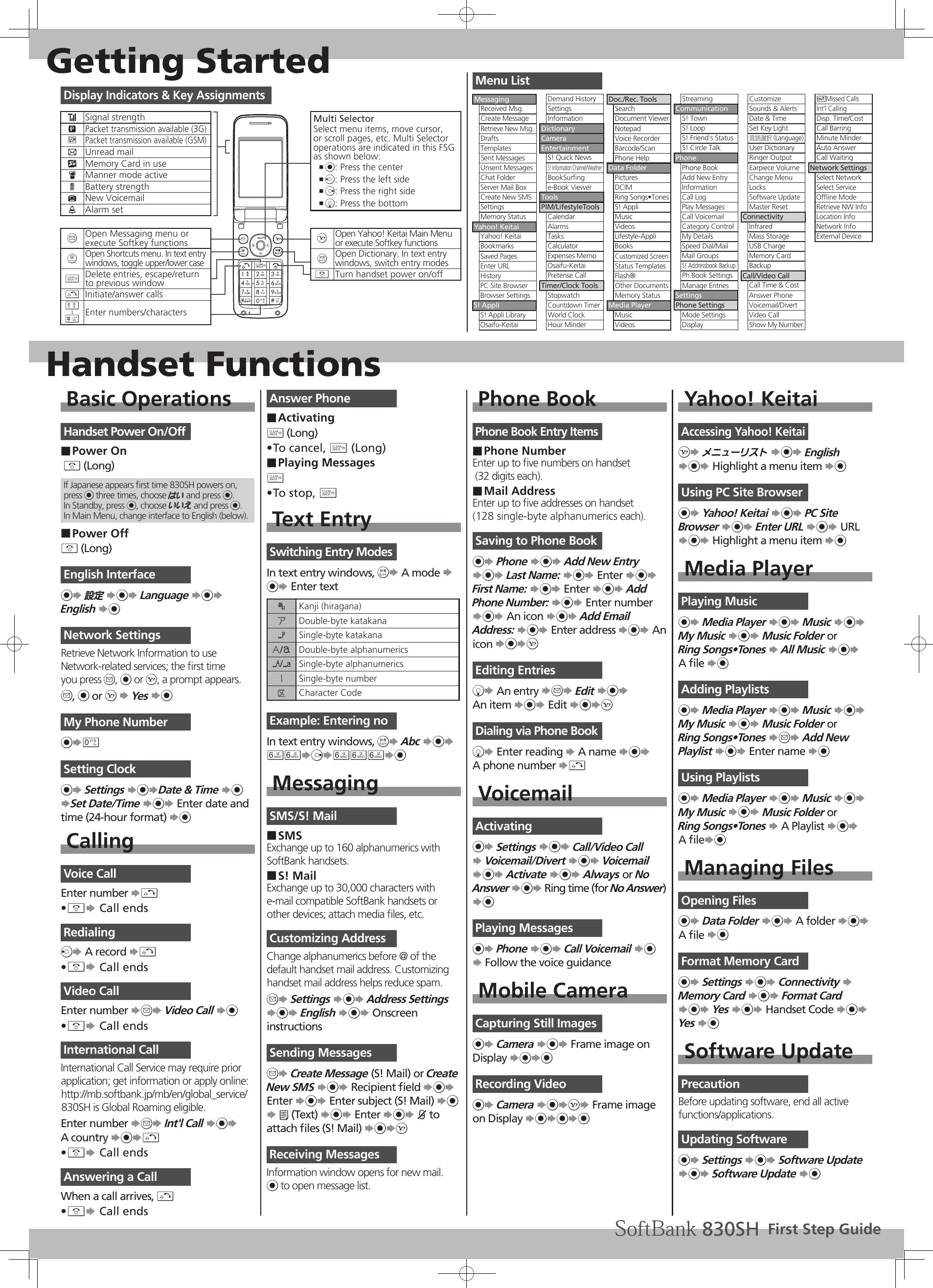 Getting StartedHandset FunctionsBasic OperationsHandset Power On/OffPower On ■ &quot; (Long)If Japanese appears ﬁrst time 830SH powers on, press % three times, choose はい and press %. In Standby, press %, choose いいえ and press %. In Main Menu, change interface to English (below).Power Off ■&quot; (Long)English Interface%S 設定 S%S Language S%S English S%Network SettingsRetrieve Network Information to useNetwork-related services; the ﬁrst timeyou press B, % or A, a prompt appears.B, % or A S Yes S%My Phone Number%S0 Setting Clock%S Settings S%SDate &amp; Time S% SSet Date/Time S%S Enter date and time (24-hour format) S%CallingVoice CallEnter number S!&quot;• S Call endsRedialingcS A record S!&quot;• S Call endsVideo CallEnter number SBS Video Call S%&quot;• S Call endsInternational CallInternational Call Service may require prior application; get information or apply online:http://mb.softbank.jp/mb/en/global_service/830SH is Global Roaming eligible.Enter number SBS Int&apos;l Call S%S A country S%S!&quot;• S Call endsAnswering a CallWhen a call arrives, !&quot;• S Call endsAnswer PhoneActivating ■$ (Long)To cancel, • $ (Long)Playing Messages ■$ To stop, • $Text EntrySwitching Entry ModesIn text entry windows, &amp;S A mode S %S Enter text&apos;Kanji (hiragana)BDouble-byte katakana&lt;Single-byte katakanaD/EDouble-byte alphanumerics&gt;/.Single-byte alphanumericsHSingle-byte numberICharacter Code Example: Entering noIn text entry windows, &amp;S Abc S%S 66SdS666S%MessagingSMS/S! MailSMS ■Exchange up to 160 alphanumerics with SoftBank handsets.S! Mail ■Exchange up to 30,000 characters with e-mail compatible SoftBank handsets or other devices; attach media ﬁles, etc.Customizing AddressChange alphanumerics before @ of the default handset mail address. Customizing handset mail address helps reduce spam.BS Settings S%S Address Settings S%S English S%S Onscreen instructionsSending MessagesBS Create Message (S! Mail) or Create New SMS S%S Recipient ﬁeld S%S Enter S%S Enter subject (S! Mail) S% S C (Text) S%S Enter S%S k to attach ﬁles (S! Mail) S%SAReceiving MessagesInformation window opens for new mail.% to open message list.Phone BookPhone Book Entry ItemsPhone Number ■Enter up to ﬁve numbers on handset  (32 digits each).Mail Address ■Enter up to ﬁve addresses on handset  (128 single-byte alphanumerics each).Saving to Phone Book%S Phone S%S Add New Entry S%S Last Name: S%S Enter S%S First Name: S%S Enter S%S Add Phone Number: S%S Enter number S%S An icon S%S Add Email Address: S%S Enter address S%S An icon S%SAEditing EntriesbS An entry SBS Edit S%S  An item S%S Edit S%SADialing via Phone BookbS Enter reading S A name S%S  A phone number S!VoicemailActivating%S Settings S%S Call/Video Call S Voicemail/Divert S%S Voicemail S%S Activate S%S Always or No  Answer S%S Ring time (for No Answer) S%Playing Messages%S Phone S%S Call Voicemail S% S Follow the voice guidanceMobile CameraCapturing Still Images%S Camera S%S Frame image on Display S%S%Recording Video%S Camera S%SAS Frame image on Display S%S%S%Yahoo! KeitaiAccessing Yahoo! KeitaiAS メニューリスト S%S English S%S Highlight a menu item S%Using PC Site Browser%S Yahoo! Keitai S%S PC Site Browser S%S Enter URL S%S URL  S%S Highlight a menu item S%Media PlayerPlaying Music%S Media Player S%S Music S%S My Music S%S Music Folder or  Ring Songs•Tones S All Music S%S A ﬁle S%Adding Playlists%S Media Player S%S Music S%S My Music S%S Music Folder or  Ring Songs•Tones SBS Add New Playlist S%S Enter name S%Using Playlists%S Media Player S%S Music S%S My Music S%S Music Folder or  Ring Songs•Tones S A Playlist S%S  A ﬁleS%Managing FilesOpening Files%S Data Folder S%S A folder S%S A ﬁle S%Format Memory Card%S Settings S%S Connectivity S Memory Card S%S Format Card S%S Yes S%S Handset Code S%S Yes S%Software UpdatePrecautionBefore updating software, end all active functions/applications.Updating Software%S Settings S%S Software Update S%S Software Update S%Menu ListMulti SelectorSelect menu items, move cursor, or scroll pages, etc. Multi Selector operations are indicated in this FSG as shown below:% , : Press the centerc , : Press the left sided , : Press the right sideb , : Press the bottomAOpen Yahoo! Keitai Main Menu or execute Softkey functions&amp;Open Dictionary. In text entry windows, switch entry modes&quot;Turn handset power on/offDisplay Indicators &amp; Key AssignmentskSignal strength&quot;Packet transmission available (3G)hPacket transmission available (GSM)CUnread mail@Memory Card in useJManner mode active0Battery strengthNNew VoicemailPAlarm setBOpen Messaging menu or execute Softkey functions&apos;Open Shortcuts menu. In text entry windows, toggle upper/lower case$Delete entries, escape/return to previous window!Initiate/answer calls1|#Enter numbers/charactersFirst Step GuideMessagingReceived Msg.Create MessageRetrieve New Msg.DraftsTemplatesSent MessagesUnsent MessagesChat FolderServer Mail BoxCreate New SMSSettingsMemory StatusYahoo! KeitaiYahoo! KeitaiBookmarksSaved PagesEnter URLHistoryPC Site BrowserBrowser SettingsS! AppliS! Appli LibraryOsaifu-KeitaiDemand HistorySettingsInformationDictionaryCameraEntertainmentS! Quick NewsS! Information Channel/WeatherBookSurﬁnge-Book ViewerToolsPIM/LifestyleToolsCalendarAlarmsTasksCalculatorExpenses MemoOsaifu-KeitaiPretense CallTimer/Clock ToolsStopwatchCountdown TimerWorld ClockHour MinderDoc./Rec. ToolsSearchDocument ViewerNotepadVoice RecorderBarcode/ScanPhone HelpData FolderPicturesDCIMRing Songs•TonesS! AppliMusicVideosLifestyle-AppliBooksCustomized ScreenStatus TemplatesFlash®Other DocumentsMemory StatusMedia PlayerMusicVideosStreamingCommunicationS! TownS! LoopS! Friend&apos;s StatusS! Circle TalkPhonePhone BookAdd New EntryInformationCall LogPlay MessagesCall VoicemailCategory ControlMy DetailsSpeed Dial/MailMail GroupsS! Addressbook BackupPh.Book SettingsManage EntriesSettingsPhone SettingsMode SettingsDisplayCustomizeSounds &amp; AlertsDate &amp; TimeSet Key Light言語選択 (Language)User DictionaryRinger OutputEarpiece VolumeChange MenuLocksSoftware UpdateMaster ResetConnectivityInfraredMass StorageUSB ChargeMemory CardBackupCall/Video CallCall Time &amp; CostAnswer PhoneVoicemail/DivertVideo CallShow My Number)Missed CallsInt&apos;l CallingDisp. Time/CostCall BarringMinute MinderAuto AnswerCall WaitingNetwork SettingsSelect NetworkSelect ServiceOfﬂine ModeRetrieve NW InfoLocation InfoNetwork InfoExternal Device