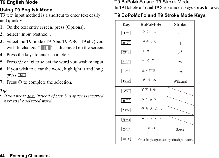 44 Entering CharactersT9 English ModeUsing T9 English ModeT9 text input method is a shortcut to enter text easily and quickly. 1. On the text entry screen, press [Options].2. Select “Input Method”.3. Select the T9 mode (T9 Abc, T9 ABC, T9 abc) you wish to change. “ ” is displayed on the screen.4. Press the keys to enter characters.5. Press a or b to select the word you wish to input.6. If you wish to clear the word, highlight it and long press U.7. Press B to complete the selection.Tip•If you press Q instead of step 6, a space is inserted next to the selected word.T9 BoPoMoFo and T9 Stroke ModeIn T9 BoPoMoFo and T9 Stroke mode, keys are as follows.T9 BoPoMoFo and T9 Stroke Mode KeysKey BoPoMoFo StrokeSpaceWildcardGo to the pictograms and symbols input screen.GHIJKLMNOPQR