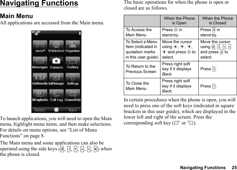 Navigating Functions 25Navigating FunctionsMain MenuAll applications are accessed from the Main menu.To launch applications, you will need to open the Main menu, highlight menu items, and then make selections. For details on menu options, see “List of Menu Functions” on page 8.The Main menu and some applications can also be operated using the side keys (Y, Z, V, W, S, X) when the phone is closed.The basic operations for when the phone is open or closed are as follows.In certain procedures when the phone is open, you will need to press one of the soft keys (indicated in square brackets in this user guide), which are displayed in the lower left and right of the screen. Press the corresponding soft key (A or C).When the Phone is OpenWhen the Phone is ClosedTo Access the Main MenuPress B in stand-by.Press X in stand-by.To Select a Menu Item (indicated in quotation marks in this user guide)Move the cursor using a, b, c, d and press B to select.Move the cursor using Y, Z, V, W and press X to select.To Return to the Previous ScreenPress right soft key if it displays Back.Press S.To Close the Main MenuPress right soft key if it displays Back.Press S.