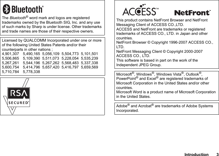 Introduction 3The Bluetooth® word mark and logos are registered trademarks owned by the Bluetooth SIG, Inc. and any use of such marks by Sharp is under license. Other trademarks and trade names are those of their respective owners.Licensed by QUALCOMM Incorporated under one or more of the following United States Patents and/or their counterparts in other nations ;4,901,307 5,490,165 5,056,109 5,504,773 5,101,5015,506,865 5,109,390 5,511,073 5,228,054 5,535,2395,267,261 5,544,196 5,267,262 5,568,483 5,337,3385,600,754 5,414,796 5,657,420 5,416,797 5,659,5695,710,784 5,778,338This product contains NetFront Browser and NetFront Messaging Client of ACCESS CO.,LTD.ACCESS and NetFront are trademarks or registered trademarks of ACCESS CO., LTD. in Japan and other countries.NetFront Browser © Copyright 1996-2007 ACCESS CO., LTD.NetFront Messaging Client © Copyright 2000-2007 ACCESS CO., LTD.This software is based in part on the work of the Independent JPEG Group.Microsoft®, Windows®, Windows Vista®, Outlook®, PowerPoint® and Excel® are registered trademarks of Microsoft Corporation in the United States and/or other countries.Microsoft Word is a product name of Microsoft Corporation in the United States.Adobe® and Acrobat® are trademarks of Adobe Systems Incorporated.