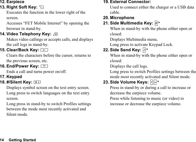 14 Getting Started12. Earpiece13. Right Soft Key: CExecutes the function in the lower right of the screen.Accesses “FET Mobile Internet” by opening the browser in stand-by.14. Video Telephony Key: TMakes video callings or accepts calls, and displays the call logs in stand-by.15. Clear/Back Key: UClears the characters before the cursor, returns to the previous screen, etc.16. End/Power Key: FEnds a call and turns power on/off.17. Keypad18. #/Silent Key: RDisplays symbol screen on the text entry screen.Long press to switch languages on the text entry screen.Long press in stand-by to switch Profiles settings between the mode most recently activated and Silent mode.19. External Connector:Used to connect either the charger or a USB data cable.20. Microphone21. Side Multimedia Key: Y*When in stand-by with the phone either open or closed:Displays Multimedia menu.Long press to activate Keypad Lock.22. Side Send Key: Z*When in stand-by with the phone either open or closed:Displays the call logs.Long press to switch Profiles settings between the mode most recently activated and Silent mode.23. Side Volume Keys: VW*Press in stand-by or during a call to increase or decrease the earpiece volume.Press while listening to music (or video) to increase or decrease the earpiece volume.