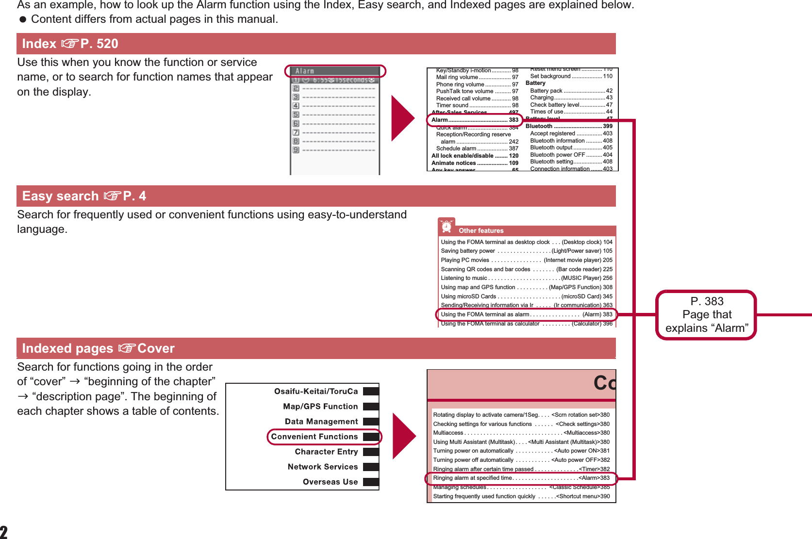 2As an example, how to look up the Alarm function using the Index, Easy search, and Indexed pages are explained below. Content differs from actual pages in this manual.Use this when you know the function or service name, or to search for function names that appear on the display.Search for frequently used or convenient functions using easy-to-understand language.Search for functions going in the order of “cover” b “beginning of the chapter” b “description page”. The beginning of each chapter shows a table of contents.Index nP. 520Easy search nP. 4Indexed pages nCoverKey/Standby i-motion............ 98Mail ring volume .................... 97Phone ring volume ................ 97PushTalk tone volume .......... 97Received call volume ............ 98Timer sound .......................... 98After-Sales Services ............ 497Alarm..................................... 383Quick alarm ......................... 384Reception/Recording reserve alarm ................................ 242Schedule alarm ................... 387All lock enable/disable ........ 120Animate notices ................... 109Any key answer 65Reset menu screen .............110Set background ................... 110BatteryBattery pack .......................... 42Charging................................ 43Check battery level................ 47Times of use.......................... 44Battery level............................47Bluetooth .............................. 399Accept registered ................ 403Bluetooth information .......... 408Bluetooth output .................. 405Bluetooth power OFF ..........404Bluetooth setting.................. 408Connection information ....... 403Other featuresUsing the FOMA terminal as desktop clock  . . . (Desktop clock) 104Saving battery power  . . . . . . . . . . . . . . . . . (Light/Power saver) 105Playing PC movies  . . . . . . . . . . . . . . . .  (Internet movie player) 205Scanning QR codes and bar codes  . . . . . . .  (Bar code reader) 225Listening to music . . . . . . . . . . . . . . . . . . . . . . . (MUSIC Player) 256Using map and GPS function . . . . . . . . . . (Map/GPS Function) 308Using microSD Cards . . . . . . . . . . . . . . . . . . . . (microSD Card) 345Sending/Receiving information via Ir  . . . . .  (Ir communication) 363Using the FOMA terminal as alarm. . . . . . . . . . . . . . . .  (Alarm) 383Using the FOMA terminal as calculator  . . . . . . . . . (Calculator) 396CoRotating display to activate camera/1Seg. . . .  &lt;Scrn rotation set&gt;380Checking settings for various functions  . . . . . .  &lt;Check settings&gt;380Multiaccess . . . . . . . . . . . . . . . . . . . . . . . . . . . . . . . &lt;Multiaccess&gt;380Using Multi Assistant (Multitask) . . . . &lt;Multi Assistant (Multitask)&gt;380Turning power on automatically . . . . . . . . . . . . &lt;Auto power ON&gt;381Turning power off automatically  . . . . . . . . . . . &lt;Auto power OFF&gt;382Ringing alarm after certain time passed . . . . . . . . . . . . . .&lt;Timer&gt;382Ringing alarm at specified time. . . . . . . . . . . . . . . . . . . . .&lt;Alarm&gt;383Managing schedules. . . . . . . . . . . . . . . . . . .  &lt;Classic Schedule&gt;385Starting frequently used function quickly  . . . . . .&lt;Shortcut menu&gt;390P. 383Page that explains “Alarm”
