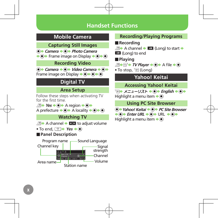 xMobile CameraCapturing Still Images%S Camera S%S Photo Camera S%S Frame image on Display S%S%Recording Video%S Camera S%S Video Camera S%S Frame image on Display S%S%S%Digital TVArea SetupFollow these steps when activating TV for the ﬁrst time.&amp;S Yes S%S A region S%S  A prefecture S%S A locality S%S%Watching TV&amp;S A channel S L to adjust volumeTo end, • &quot;S Yes S%Panel Description ■Program name Sound LanguageChannelSignal strengthVolumeChannel keyArea name Station nameRecording/Playing ProgramsRecording ■&amp;S A channel S I (Long) to start S I (Long) to endPlaying ■&amp;SBS TV Player S%S A ﬁle S%To stop, • A (Long)Yahoo! KeitaiAccessing Yahoo! KeitaiAS メニューリスト S%S English S%S Highlight a menu item S%Using PC Site Browser%SYahoo! Keitai S%S PC Site Browser S%S Enter URL S%S URL  S%S Highlight a menu item S%Handset Functions
