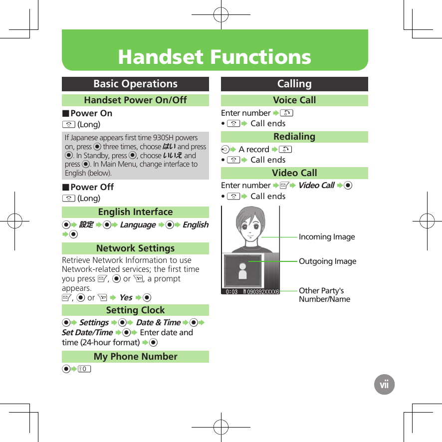 Basic OperationsHandset Power On/OffPower On ■&quot; (Long)If Japanese appears ﬁrst time 930SH powers on, press % three times, choose はい and press %. In Standby, press %, choose いいえ and press %. In Main Menu, change interface to English (below).Power Off ■&quot; (Long)English Interface%S 設定 S%S Language S%S English S%Network SettingsRetrieve Network Information to use Network-related services; the ﬁrst time you press B, % or A, a prompt appears.B, % or A S Yes S%Setting Clock%S Settings S%S Date &amp; Time S%S Set Date/Time S%S Enter date and time (24-hour format) S%My Phone Number%S0 CallingVoice CallEnter number S!&quot;• S Call endsRedialingcS A record S!&quot;• S Call endsVideo CallEnter number SBS Video Call S%&quot;• S Call endsIncoming ImageOutgoing ImageOther Party&apos;s Number/NameviiHandset Functions