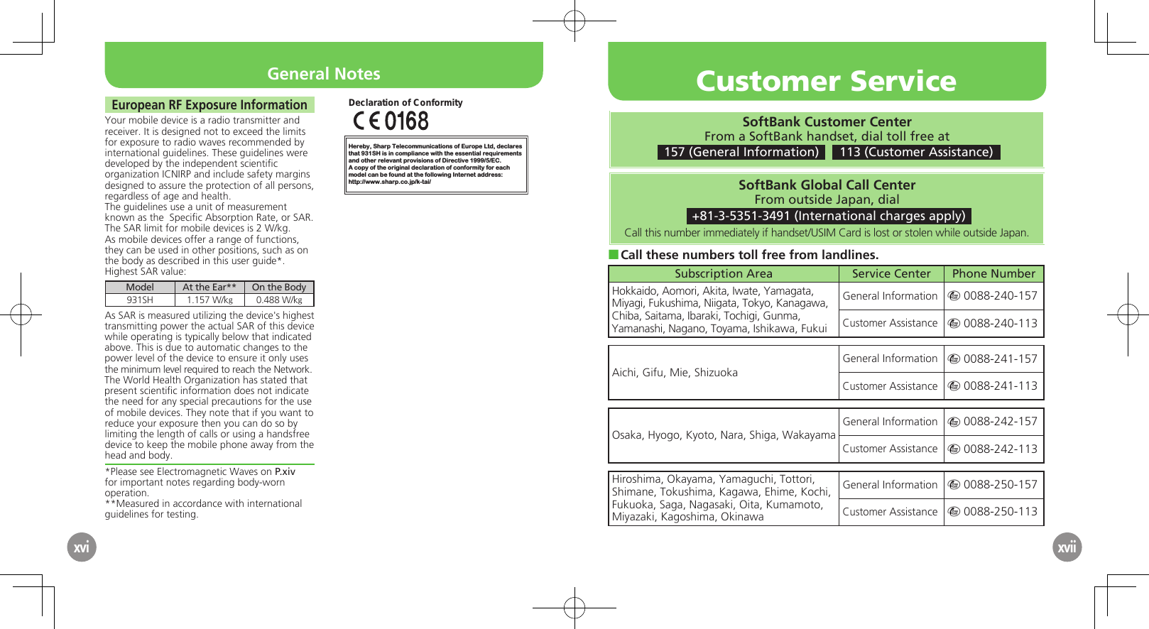 xviEuropean RF Exposure InformationYour mobile device is a radio transmitter and receiver. It is designed not to exceed the limits for exposure to radio waves recommended by  international guidelines. These guidelines were  developed by the independent scientiﬁc organization ICNIRP and include safety margins designed to assure the protection of all persons, regardless of age and health.The guidelines use a unit of measurement known as the  Speciﬁc Absorption Rate, or SAR. The SAR limit for mobile devices is 2 W/kg.As mobile devices offer a range of functions, they can be used in other positions, such as on the body as described in this user guide*.Highest SAR value:Model At the Ear** On the Body931SH 1.157 W/kg0.488 W/kgAs SAR is measured utilizing the device&apos;s highest transmitting power the actual SAR of this device while operating is typically below that indicated above. This is due to automatic changes to the  power level of the device to ensure it only uses  the minimum level required to reach the Network. The World Health Organization has stated that present scientiﬁc information does not indicate the need for any special precautions for the use of mobile devices. They note that if you want to  reduce your exposure then you can do so by limiting the length of calls or using a handsfree  device to keep the mobile phone away from the head and body. *Please see Electromagnetic Waves on P.xiv  for important notes regarding body-worn operation.**Measured in accordance with international guidelines for testing.Hereby, Sharp Telecommunications of Europe Ltd, declaresthat 931SH is in compliance with the essential requirements and other relevant provisions of Directive 1999/5/EC.A copy of the original declaration of conformity for each model can be found at the following Internet address:http://www.sharp.co.jp/k-tai/Declaration of ConformityxviiGeneral NotesSoftBank Customer CenterFrom a SoftBank handset, dial toll free at 157 (General Information)    113 (Customer Assistance)SoftBank Global Call CenterFrom outside Japan, dial +81-3-5351-3491 (International charges apply)Call this number immediately if handset/USIM Card is lost or stolen while outside Japan.Call these numbers toll free from landlines. ■Subscription Area Service Center Phone NumberHokkaido, Aomori, Akita, Iwate, Yamagata, Miyagi, Fukushima, Niigata, Tokyo, Kanagawa, Chiba, Saitama, Ibaraki, Tochigi, Gunma, Yamanashi, Nagano, Toyama, Ishikawa, FukuiGeneral Information m 0088-240-157Customer Assistance m 0088-240-113Aichi, Gifu, Mie, ShizuokaGeneral Information m 0088-241-157Customer Assistance m 0088-241-113Osaka, Hyogo, Kyoto, Nara, Shiga, WakayamaGeneral Information m 0088-242-157Customer Assistance m 0088-242-113Hiroshima, Okayama, Yamaguchi, Tottori, Shimane, Tokushima, Kagawa, Ehime, Kochi, Fukuoka, Saga, Nagasaki, Oita, Kumamoto, Miyazaki, Kagoshima, OkinawaGeneral Information m 0088-250-157Customer Assistance m 0088-250-113Customer Service