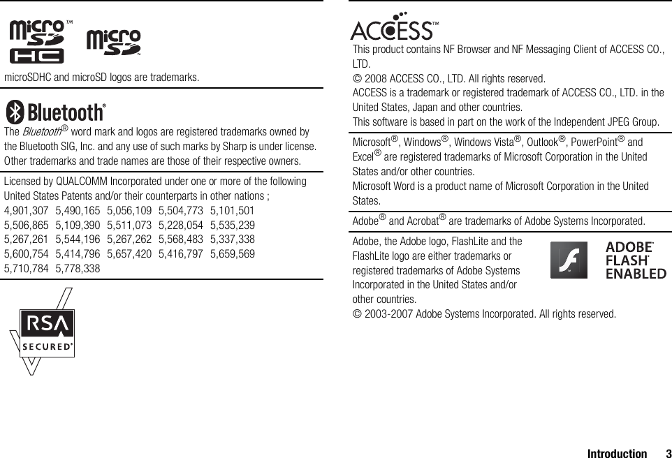 Introduction 3microSDHC and microSD logos are trademarks.The Bluetooth® word mark and logos are registered trademarks owned by the Bluetooth SIG, Inc. and any use of such marks by Sharp is under license. Other trademarks and trade names are those of their respective owners.Licensed by QUALCOMM Incorporated under one or more of the following United States Patents and/or their counterparts in other nations ;4,901,307 5,490,165 5,056,109 5,504,773 5,101,5015,506,865 5,109,390 5,511,073 5,228,054 5,535,2395,267,261 5,544,196 5,267,262 5,568,483 5,337,3385,600,754 5,414,796 5,657,420 5,416,797 5,659,5695,710,784 5,778,338This product contains NF Browser and NF Messaging Client of ACCESS CO., LTD. © 2008 ACCESS CO., LTD. All rights reserved.ACCESS is a trademark or registered trademark of ACCESS CO., LTD. in the United States, Japan and other countries.This software is based in part on the work of the Independent JPEG Group.Microsoft®, Windows®, Windows Vista®, Outlook®, PowerPoint® and Excel® are registered trademarks of Microsoft Corporation in the United States and/or other countries.Microsoft Word is a product name of Microsoft Corporation in the United States.Adobe® and Acrobat® are trademarks of Adobe Systems Incorporated.Adobe, the Adobe logo, FlashLite and the FlashLite logo are either trademarks or registered trademarks of Adobe Systems Incorporated in the United States and/or other countries.© 2003-2007 Adobe Systems Incorporated. All rights reserved.
