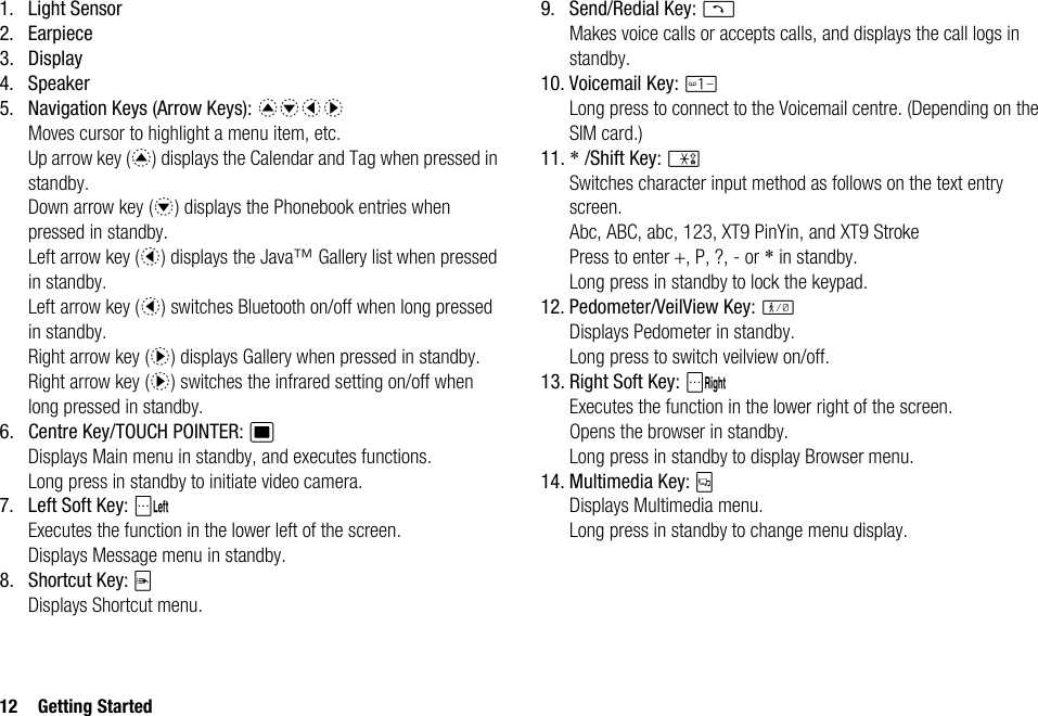 12 Getting Started1. Light Sensor2. Earpiece3. Display4. Speaker5. Navigation Keys (Arrow Keys): abcdMoves cursor to highlight a menu item, etc.Up arrow key (a) displays the Calendar and Tag when pressed in standby.Down arrow key (b) displays the Phonebook entries when pressed in standby.Left arrow key (c) displays the Java™ Gallery list when pressed in standby.Left arrow key (c) switches Bluetooth on/off when long pressed in standby.Right arrow key (d) displays Gallery when pressed in standby.Right arrow key (d) switches the infrared setting on/off when long pressed in standby.6. Centre Key/TOUCH POINTER: BDisplays Main menu in standby, and executes functions.Long press in standby to initiate video camera.7. Left Soft Key: AExecutes the function in the lower left of the screen.Displays Message menu in standby.8. Shortcut Key: EDisplays Shortcut menu.9. Send/Redial Key: DMakes voice calls or accepts calls, and displays the call logs in standby.10. Voicemail Key: GLong press to connect to the Voicemail centre. (Depending on the SIM card.)11. * /Shift Key: PSwitches character input method as follows on the text entry screen.Abc, ABC, abc, 123, XT9 PinYin, and XT9 StrokePress to enter +, P, ?, - or * in standby.Long press in standby to lock the keypad.12. Pedometer/VeilView Key: eDisplays Pedometer in standby.Long press to switch veilview on/off.13. Right Soft Key: CExecutes the function in the lower right of the screen.Opens the browser in standby.Long press in standby to display Browser menu.14. Multimedia Key: TDisplays Multimedia menu.Long press in standby to change menu display.