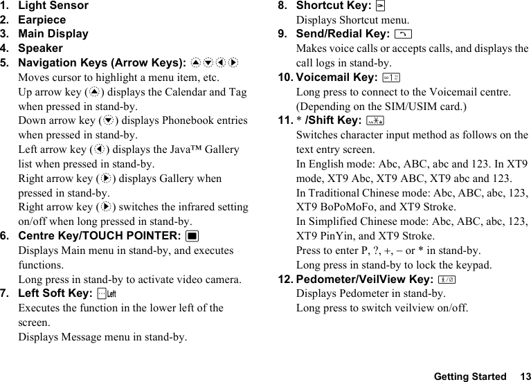 Getting Started 131. Light Sensor2. Earpiece3. Main Display4. Speaker5. Navigation Keys (Arrow Keys): abcdMoves cursor to highlight a menu item, etc.Up arrow key (a) displays the Calendar and Tag when pressed in stand-by.Down arrow key (b) displays Phonebook entries when pressed in stand-by.Left arrow key (c) displays the Java™ Gallery list when pressed in stand-by.Right arrow key (d) displays Gallery when pressed in stand-by.Right arrow key (d) switches the infrared setting on/off when long pressed in stand-by.6. Centre Key/TOUCH POINTER: BDisplays Main menu in stand-by, and executes functions.Long press in stand-by to activate video camera.7. Left Soft Key: AExecutes the function in the lower left of the screen.Displays Message menu in stand-by.8. Shortcut Key: EDisplays Shortcut menu.9. Send/Redial Key: DMakes voice calls or accepts calls, and displays the call logs in stand-by.10. Voicemail Key: GLong press to connect to the Voicemail centre. (Depending on the SIM/USIM card.)11. * /Shift Key: PSwitches character input method as follows on the text entry screen.In English mode: Abc, ABC, abc and 123. In XT9 mode, XT9 Abc, XT9 ABC, XT9 abc and 123.In Traditional Chinese mode: Abc, ABC, abc, 123, XT9 BoPoMoFo, and XT9 Stroke.In Simplified Chinese mode: Abc, ABC, abc, 123, XT9 PinYin, and XT9 Stroke.Press to enter P, ?, +, − or * in stand-by.Long press in stand-by to lock the keypad.12. Pedometer/VeilView Key: eDisplays Pedometer in stand-by.Long press to switch veilview on/off.