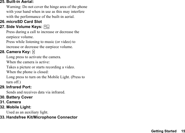 Getting Started 1525. Built-in Aerial:Warning: Do not cover the hinge area of the phone with your hand when in use as this may interfere with the performance of the built-in aerial.26. microSD Card Slot27. Side Volume Keys: VWPress during a call to increase or decrease the earpiece volume.Press while listening to music (or video) to increase or decrease the earpiece volume.28. Camera Key: XLong press to activate the camera.When the camera is active:Takes a picture or starts recording a video.When the phone is closed:Long press to turn on the Mobile Light. (Press to turn off.)29. Infrared Port:Sends and receives data via infrared.30. Battery Cover31. Camera32. Mobile Light:Used as an auxiliary light.33. Handsfree Kit/Microphone Connector
