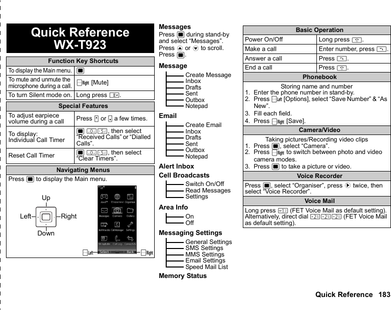 Quick Reference 183Quick ReferenceFunction Key ShortcutsTo display the Main menu.BTo mute and unmute the microphone during a call.C [Mute]To turn Silent mode on. Long press R.Special FeaturesTo adjust earpiece volume during a call Press V or W a few times.To display:Individual Call TimerB QK, then select “Received Calls” or “Dialled Calls”.Reset Call Timer  B QK, then select “Clear Timers”.Navigating MenusPress B to display the Main menu.WX-T923MessagesPress B during stand-by and select “Messages”.Press a or b to scroll.Press B.MessageEmailAlert InboxCell BroadcastsArea InfoMessaging SettingsMemory StatusCreate MessageInboxDraftsSentOutboxNotepadCreate EmailInboxDraftsSentOutboxNotepadSwitch On/OffRead MessagesSettingsOnOffGeneral SettingsSMS SettingsMMS SettingsEmail SettingsSpeed Mail ListUpDownLeft RightACBasic OperationPower On/Off Long press F.Make a call Enter number, press D.Answer a call Press D.End a call Press F.PhonebookStoring name and number1. Enter the phone number in stand-by.2. Press A [Options], select “Save Number” &amp; “As New”.3. Fill each field.4. Press C [Save].Camera/VideoTaking pictures/Recording video clips1. Press B, select “Camera”.2. Press C to switch between photo and video camera modes.3. Press B to take a picture or video.Voice RecorderPress B, select “Organiser”, press d twice, then select “Voice Recorder”.Voice MailLong press G (FET Voice Mail as default setting). Alternatively, direct dial HHH (FET Voice Mail as default setting).