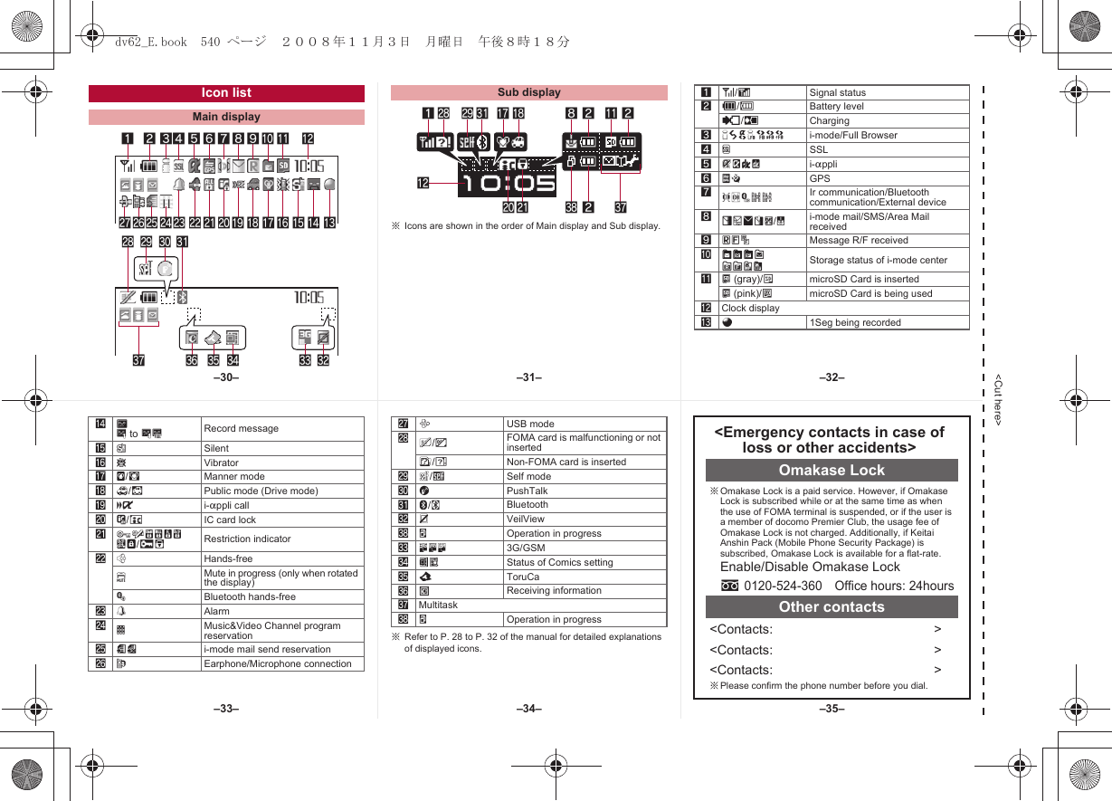 &lt;Cut here&gt;※Icons are shown in the order of Main display and Sub display.Icon listMain display12345 7 b cpmlkjihgnq or fetus&gt;&lt;zdwxv6 a98ySub display1s tv hi 82 b 2kl { 2 &gt;c1]/aSignal status2&quot;/bBattery level{/kCharging37=AABNO i-mode/Full Browser4oSSL5GNIQ i-appli6AB GPS7J#Ntu Ir communication/Bluetooth communication/External device8UhHv[/xi-mode mail/SMS/Area Mail received 9ABJMessage R/F receivedaWGIXSTKL Storage status of i-mode centerb^ (gray)/mmicroSD Card is inserted^ (pink)/lmicroSD Card is being usedcClock displayda1Seg being recorded※Refer to P. 28 to P. 32 of the manual for detailed explanations of displayed icons.e]D to PkRecord messagef[SilentgbVibratorhZ/fManner modei_/dPublic mode (Drive mode)jai-appli callkH/cIC card lock lRSTUVWKX/ie Restriction indicatorm;Hands-freelMute in progress (only when rotated the display)MBluetooth hands-freen\Alarmo0Music&amp;Video Channel program reservationp=; i-mode mail send reservationqsEarphone/Microphone connectionrxUSB modesR/jFOMA card is malfunctioning or not insertedB/hNon-FOMA card is insertedtg/gSelf modeuaPushTalkvL/yBluetoothwPVeilView{wOperation in progressx4KJ 3G/GSMyIH Status of Comics settingzQToruCa&lt;CReceiving information &gt;Multitask{wOperation in progress&lt;Emergency contacts in case of loss or other accidents&gt;Omakase Lock※Omakase Lock is a paid service. However, if Omakase Lock is subscribed while or at the same time as when the use of FOMA terminal is suspended, or if the user is a member of docomo Premier Club, the usage fee of Omakase Lock is not charged. Additionally, if Keitai Anshin Pack (Mobile Phone Security Package) is subscribed, Omakase Lock is available for a flat-rate.Enable/Disable Omakase Locks0120-524-360 Office hours: 24hoursOther contacts&lt;Contacts: &gt;&lt;Contacts: &gt;&lt;Contacts: &gt;※Please confirm the phone number before you dial.–31––34––30– –32––35––33–dv62_E.book  540 ページ  ２００８年１１月３日　月曜日　午後８時１８分