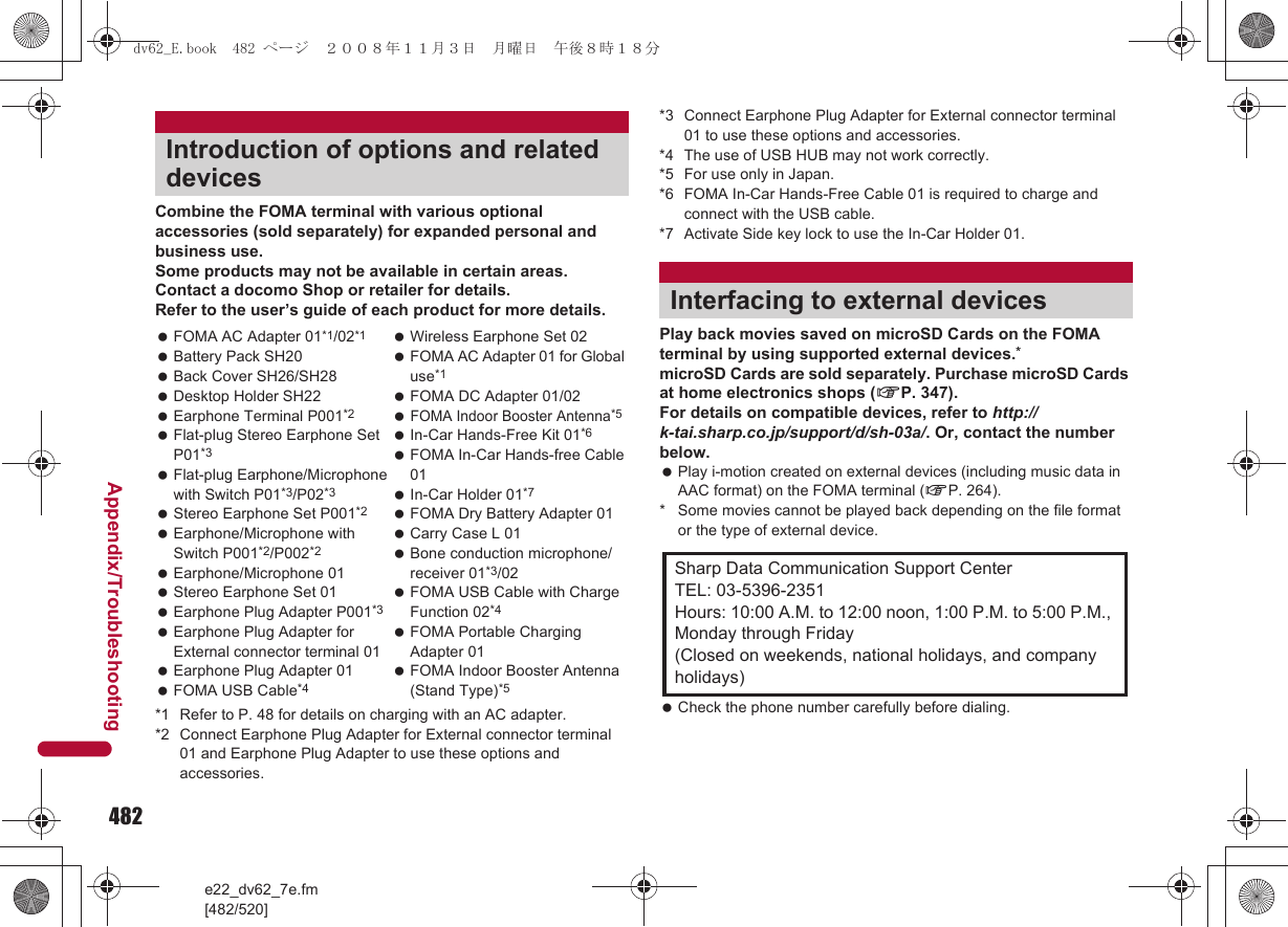 482e22_dv62_7e.fm[482/520]Appendix/TroubleshootingCombine the FOMA terminal with various optional accessories (sold separately) for expanded personal and business use.Some products may not be available in certain areas. Contact a docomo Shop or retailer for details.Refer to the user’s guide of each product for more details.*1 Refer to P. 48 for details on charging with an AC adapter.*2 Connect Earphone Plug Adapter for External connector terminal 01 and Earphone Plug Adapter to use these options and accessories.*3 Connect Earphone Plug Adapter for External connector terminal 01 to use these options and accessories.*4 The use of USB HUB may not work correctly.*5 For use only in Japan.*6 FOMA In-Car Hands-Free Cable 01 is required to charge and connect with the USB cable.*7 Activate Side key lock to use the In-Car Holder 01.Play back movies saved on microSD Cards on the FOMA terminal by using supported external devices.*microSD Cards are sold separately. Purchase microSD Cards at home electronics shops (nP. 347).For details on compatible devices, refer to http://k-tai.sharp.co.jp/support/d/sh-03a/. Or, contact the number below. Play i-motion created on external devices (including music data in AAC format) on the FOMA terminal (nP. 264).* Some movies cannot be played back depending on the file format or the type of external device. Check the phone number carefully before dialing.Introduction of options and related devices FOMA AC Adapter 01*1/02*1 Battery Pack SH20 Back Cover SH26/SH28 Desktop Holder SH22 Earphone Terminal P001*2 Flat-plug Stereo Earphone Set P01*3 Flat-plug Earphone/Microphone with Switch P01*3/P02*3 Stereo Earphone Set P001*2 Earphone/Microphone with Switch P001*2/P002*2 Earphone/Microphone 01 Stereo Earphone Set 01 Earphone Plug Adapter P001*3 Earphone Plug Adapter for External connector terminal 01 Earphone Plug Adapter 01 FOMA USB Cable*4 Wireless Earphone Set 02 FOMA AC Adapter 01 for Global use*1  FOMA DC Adapter 01/02 FOMA Indoor Booster Antenna*5  In-Car Hands-Free Kit 01*6 FOMA In-Car Hands-free Cable 01 In-Car Holder 01*7  FOMA Dry Battery Adapter 01 Carry Case L 01 Bone conduction microphone/receiver 01*3/02 FOMA USB Cable with Charge Function 02*4 FOMA Portable Charging Adapter 01 FOMA Indoor Booster Antenna (Stand Type)*5Interfacing to external devicesSharp Data Communication Support CenterTEL: 03-5396-2351Hours: 10:00 A.M. to 12:00 noon, 1:00 P.M. to 5:00 P.M., Monday through Friday(Closed on weekends, national holidays, and company holidays)dv62_E.book  482 ページ  ２００８年１１月３日　月曜日　午後８時１８分