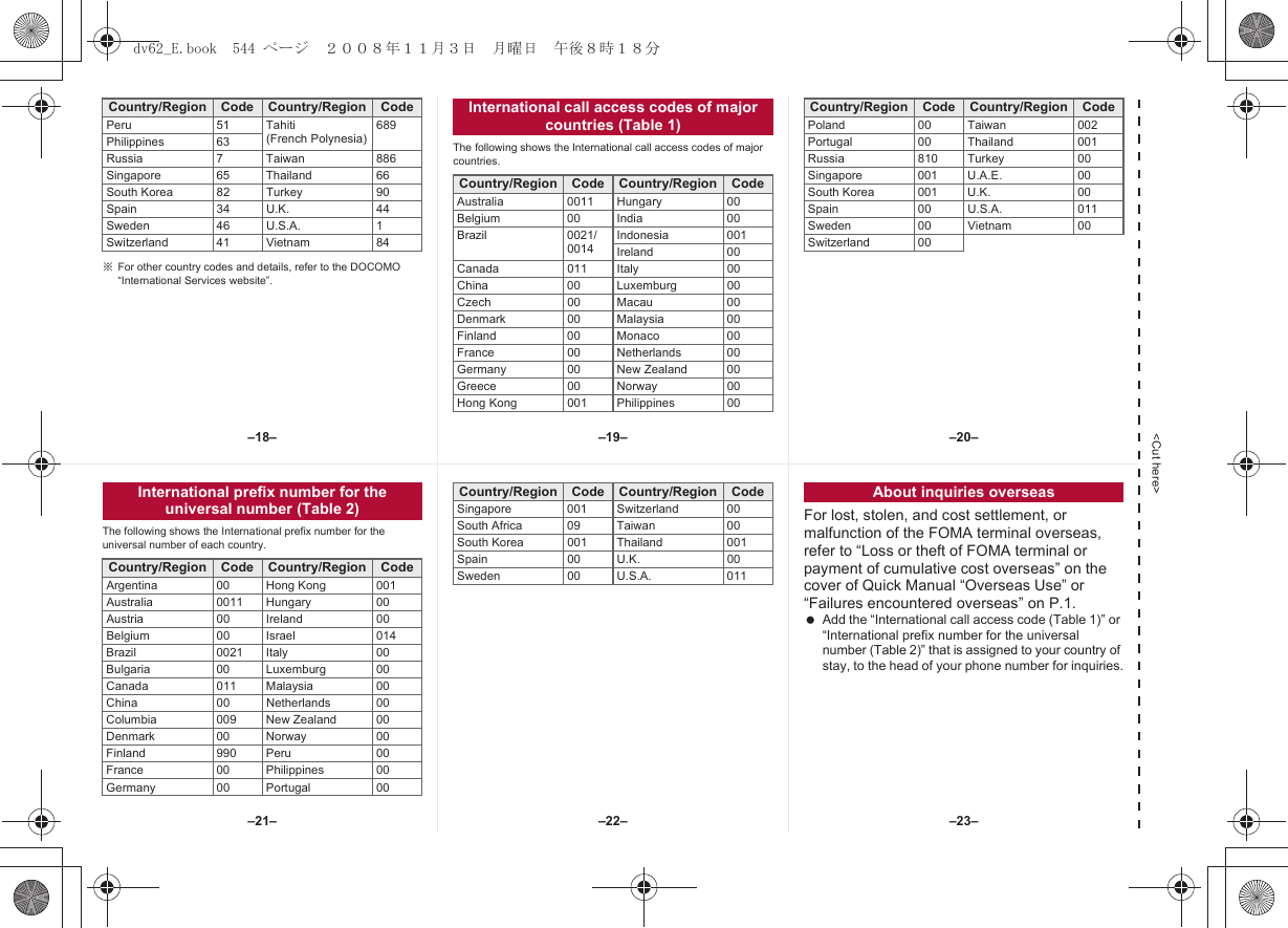 &lt;Cut here&gt;※For other country codes and details, refer to the DOCOMO “International Services website”.The following shows the International call access codes of major countries.Peru 51 Tahiti (French Polynesia)689Philippines 63Russia 7 Taiwan 886Singapore 65 Thailand 66South Korea 82 Turkey 90Spain 34 U.K. 44Sweden 46 U.S.A. 1Switzerland 41 Vietnam 84Country/Region Code Country/Region Code International call access codes of major countries (Table 1)Country/Region Code Country/Region CodeAustralia 0011 Hungary 00Belgium 00 India 00Brazil 0021/0014Indonesia 001Ireland 00Canada 011 Italy 00China 00 Luxemburg 00Czech 00 Macau 00Denmark 00 Malaysia 00Finland 00 Monaco 00France 00 Netherlands 00Germany 00 New Zealand 00Greece 00 Norway 00Hong Kong 001 Philippines 00Poland 00 Taiwan 002Portugal 00 Thailand 001Russia 810 Turkey 00Singapore 001 U.A.E. 00South Korea 001 U.K. 00Spain 00 U.S.A. 011Sweden 00 Vietnam 00Switzerland 00Country/Region Code Country/Region CodeThe following shows the International prefix number for the universal number of each country.For lost, stolen, and cost settlement, or malfunction of the FOMA terminal overseas, refer to “Loss or theft of FOMA terminal or payment of cumulative cost overseas” on the cover of Quick Manual “Overseas Use” or “Failures encountered overseas” on P.1. Add the “International call access code (Table 1)” or “International prefix number for the universal number (Table 2)” that is assigned to your country of stay, to the head of your phone number for inquiries.International prefix number for the universal number (Table 2)Country/Region Code Country/Region CodeArgentina 00 Hong Kong 001Australia 0011 Hungary 00Austria 00 Ireland 00Belgium 00 Israel 014Brazil 0021 Italy 00Bulgaria 00 Luxemburg 00Canada 011 Malaysia 00China 00 Netherlands 00Columbia 009 New Zealand 00Denmark 00 Norway 00Finland 990 Peru 00France 00 Philippines 00Germany 00 Portugal 00Singapore 001 Switzerland 00South Africa 09 Taiwan 00South Korea 001 Thailand 001Spain 00 U.K. 00Sweden 00 U.S.A. 011Country/Region Code Country/Region Code About inquiries overseas–19––22––18– –20––23––21–dv62_E.book  544 ページ  ２００８年１１月３日　月曜日　午後８時１８分