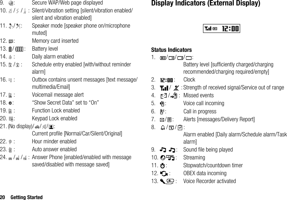 20 Getting Started9. : Secure WAP/Web page displayed10. / / :  Silent/vibration setting [silent/vibration enabled/silent and vibration enabled]11. / : Speaker mode [speaker phone on/microphone muted]12. : Memory card inserted13. / : Battery level14. : Daily alarm enabled15. / : Schedule entry enabled [with/without reminder alarm]16. : Outbox contains unsent messages [text message/multimedia/Email]17. : Voicemail message alert18. : “Show Secret Data” set to “On”19. : Function Lock enabled20. : Keypad Lock enabled21. (No display)/ / / : Current profile [Normal/Car/Silent/Original]22. : Hour minder enabled23. : Auto answer enabled24. / / : Answer Phone [enabled/enabled with message saved/disabled with message saved]Display Indicators (External Display)Status Indicators1. ///:Battery level [sufficiently charged/charging recommended/charging required/empty]2. : Clock3. / : Strength of received signal/Service out of range4. / : Missed events5. : Voice call incoming6. : Call in progress7. / : Alerts [messages/Delivery Report]8. / / :Alarm enabled [Daily alarm/Schedule alarm/Task alarm]9. : Sound file being played10. : Streaming11. : Stopwatch/countdown timer12. : OBEX data incoming13. : Voice Recorder activated