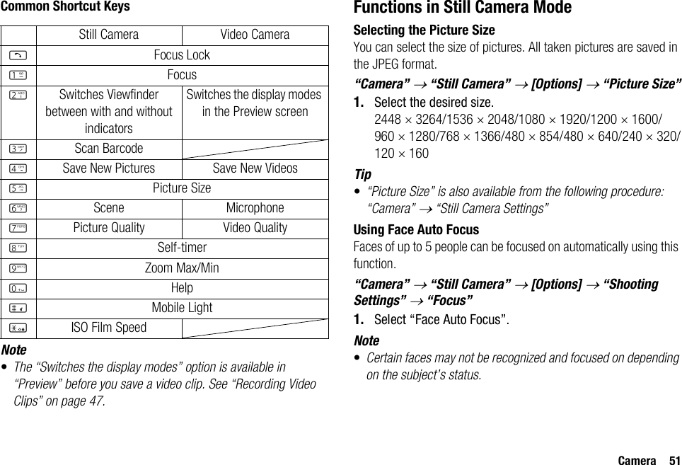 Camera 51Common Shortcut KeysNote•The “Switches the display modes” option is available in “Preview” before you save a video clip. See “Recording Video Clips” on page 47.Functions in Still Camera ModeSelecting the Picture SizeYou can select the size of pictures. All taken pictures are saved in the JPEG format.“Camera” → “Still Camera” → [Options] → “Picture Size”1. Select the desired size.2448 × 3264/1536 × 2048/1080 × 1920/1200 × 1600/960 × 1280/768 × 1366/480 × 854/480 × 640/240 × 320/120 × 160Tip•“Picture Size” is also available from the following procedure:“Camera” → “Still Camera Settings”Using Face Auto FocusFaces of up to 5 people can be focused on automatically using this function.“Camera” → “Still Camera” → [Options] → “Shooting Settings” → “Focus”1. Select “Face Auto Focus”.Note•Certain faces may not be recognized and focused on depending on the subject’s status.Still Camera Video CameraDFocus LockGFocusHSwitches Viewfinder between with and without indicatorsSwitches the display modes in the Preview screenIScan BarcodeJSave New Pictures Save New VideosKPicture SizeLScene MicrophoneMPicture Quality Video QualityNSelf-timerOZoom Max/MinQHelpRMobile LightPISO Film Speed