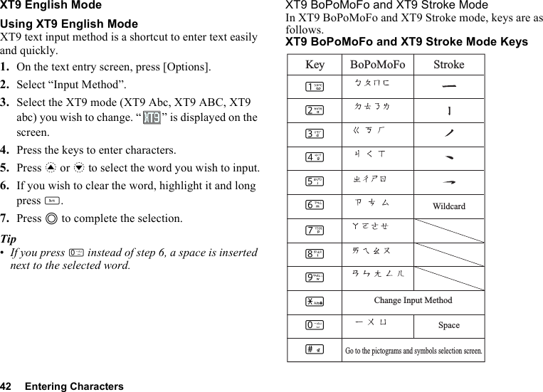 42 Entering CharactersXT9 English ModeUsing XT9 English ModeXT9 text input method is a shortcut to enter text easily and quickly. 1. On the text entry screen, press [Options].2. Select “Input Method”.3. Select the XT9 mode (XT9 Abc, XT9 ABC, XT9 abc) you wish to change. “ ” is displayed on the screen.4. Press the keys to enter characters.5. Press a or b to select the word you wish to input.6. If you wish to clear the word, highlight it and long press U.7. Press B to complete the selection.Tip•If you press Q instead of step 6, a space is inserted next to the selected word.XT9 BoPoMoFo and XT9 Stroke ModeIn XT9 BoPoMoFo and XT9 Stroke mode, keys are as follows.XT9 BoPoMoFo and XT9 Stroke Mode KeysKey BoPoMoFo StrokeSpaceChange Input MethodWildcardGo to the pictograms and symbols selection screen.GHIJKLMNOPQR