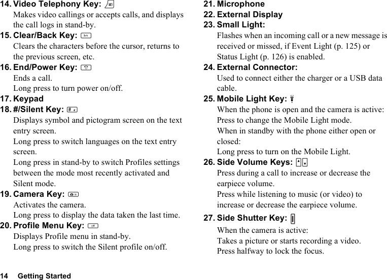 14 Getting Started14. Video Telephony Key: TMakes video callings or accepts calls, and displays the call logs in stand-by.15. Clear/Back Key: UClears the characters before the cursor, returns to the previous screen, etc.16. End/Power Key: FEnds a call.Long press to turn power on/off.17. Keypad18. #/Silent Key: RDisplays symbol and pictogram screen on the text entry screen.Long press to switch languages on the text entry screen.Long press in stand-by to switch Profiles settings between the mode most recently activated and Silent mode.19. Camera Key: hActivates the camera.Long press to display the data taken the last time.20. Profile Menu Key: gDisplays Profile menu in stand-by.Long press to switch the Silent profile on/off.21. Microphone22. External Display23. Small Light:Flashes when an incoming call or a new message is received or missed, if Event Light (p. 125) or Status Light (p. 126) is enabled.24. External Connector:Used to connect either the charger or a USB data cable.25. Mobile Light Key: iWhen the phone is open and the camera is active:Press to change the Mobile Light mode.When in standby with the phone either open or closed:Long press to turn on the Mobile Light.26. Side Volume Keys: VWPress during a call to increase or decrease the earpiece volume.Press while listening to music (or video) to increase or decrease the earpiece volume.27. Side Shutter Key: When the camera is active:Takes a picture or starts recording a video.Press halfway to lock the focus.