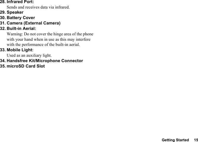 Getting Started 1528. Infrared Port:Sends and receives data via infrared.29. Speaker30. Battery Cover31. Camera (External Camera)32. Built-in Aerial:Warning: Do not cover the hinge area of the phone with your hand when in use as this may interfere with the performance of the built-in aerial.33. Mobile Light:Used as an auxiliary light.34. Handsfree Kit/Microphone Connector35. microSD Card Slot