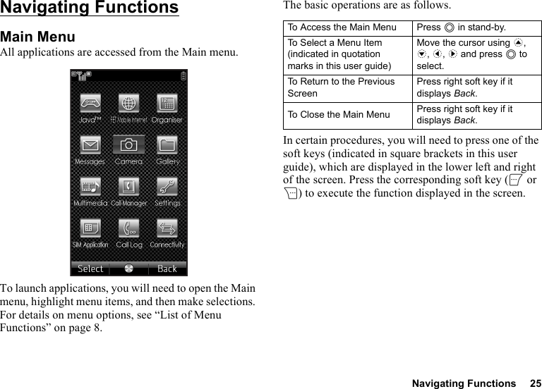 Navigating Functions 25Navigating FunctionsMain MenuAll applications are accessed from the Main menu.To launch applications, you will need to open the Main menu, highlight menu items, and then make selections. For details on menu options, see “List of Menu Functions” on page 8.The basic operations are as follows.In certain procedures, you will need to press one of the soft keys (indicated in square brackets in this user guide), which are displayed in the lower left and right of the screen. Press the corresponding soft key (A or C) to execute the function displayed in the screen.To Access the Main Menu Press B in stand-by.To Select a Menu Item (indicated in quotation marks in this user guide)Move the cursor using a, b, c, d and press B to select.To Return to the Previous ScreenPress right soft key if it displays Back.To Close the Main Menu Press right soft key if it displays Back.