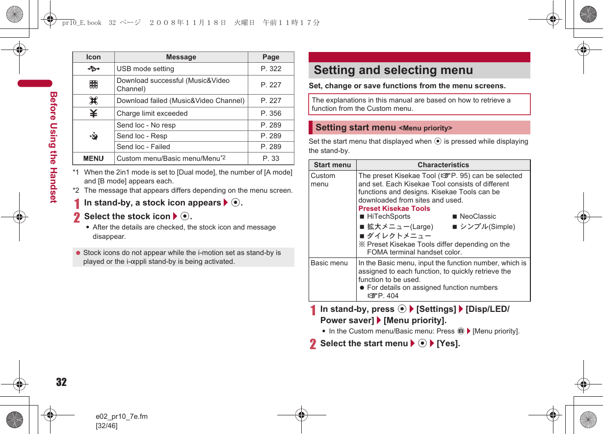 32e02_pr10_7e.fm[32/46]Before Using the Handset*1 When the 2in1 mode is set to [Dual mode], the number of [A mode] and [B mode] appears each.*2 The message that appears differs depending on the menu screen.1In stand-by, a stock icon appears/t.2Select the stock icon/t.:After the details are checked, the stock icon and message disappear.Set, change or save functions from the menu screens.Set the start menu that displayed when t is pressed while displaying the stand-by.1In stand-by, press t/[Settings]/[Disp/LED/Power saver]/[Menu priority].:In the Custom menu/Basic menu: Press C/[Menu priority].2Select the start menu/t/[Yes].DUSB mode setting  P. 322tDownload successful (Music&amp;Video Channel) P. 227gDownload failed (Music&amp;Video Channel) P. 2274Charge limit exceeded P. 356@Send loc - No resp P. 289Send loc - Resp P. 289Send loc - Failed P. 289GCustom menu/Basic menu/Menu*2 P. 33 Stock icons do not appear while the i-motion set as stand-by is played or the i-appli stand-by is being activated.Icon Message PageSetting and selecting menuThe explanations in this manual are based on how to retrieve a function from the Custom menu.Setting start menu &lt;Menu priority&gt;Start menu CharacteristicsCustom menuThe preset Kisekae Tool (nP. 95) can be selected and set. Each Kisekae Tool consists of different functions and designs. Kisekae Tools can be downloaded from sites and used.Preset Kisekae ToolsHiTechSports NeoClassic拡大メニュー(Large) シンプル(Simple)ダイレクトメニュー※Preset Kisekae Tools differ depending on the FOMA terminal handset color.Basic menu In the Basic menu, input the function number, which is assigned to each function, to quickly retrieve the function to be used. For details on assigned function numbers nP. 404pr10_E.book  32 ページ  ２００８年１１月１８日　火曜日　午前１１時１７分