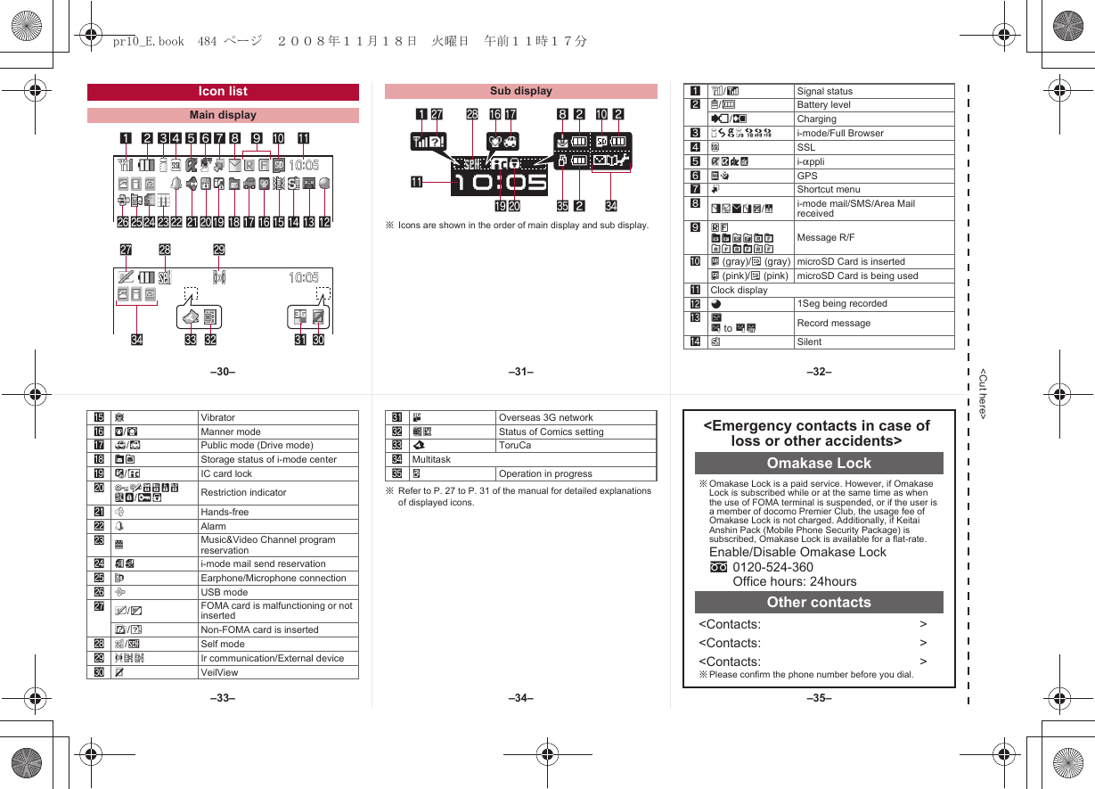 &lt;Cut here&gt;※Icons are shown in the order of main display and sub display.Icon listMain display12345 789a bolkjihgfmp nq edstryxwcuv6Sub display1r s gh 82 a 2jk z 2 yb1]/aSignal status2&quot;/bBattery level{/kCharging37=AABNO i-mode/Full Browser4oSSL5GNIQ i-appli6AB GPS7mShortcut menu8UhHv[/xi-mode mail/SMS/Area Mail received 9ABGISTz8&lt;9&gt;07! Message R/Fa^ (gray)/m (gray) microSD Card is inserted^ (pink)/m (pink) microSD Card is being usedbClock displayca1Seg being recordedd]D to PkRecord messagee[Silent※Refer to P. 27 to P. 31 of the manual for detailed explanations of displayed icons.fbVibratorgZ/fManner modeh_/dPublic mode (Drive mode)iWXStorage status of i-mode centerjH/cIC card lock kRSTUVWKX/ie Restriction indicatorl;Hands-freem\Alarmn0Music&amp;Video Channel program reservationo=; i-mode mail send reservationpsEarphone/Microphone connectionqxUSB moderR/jFOMA card is malfunctioning or not insertedB/hNon-FOMA card is insertedsg/gSelf modetJtu Ir communication/External deviceuPVeilViewv4Overseas 3G networkwIH Status of Comics settingxQToruCayMultitaskzwOperation in progress&lt;Emergency contacts in case of loss or other accidents&gt;Omakase Lock※Omakase Lock is a paid service. However, if Omakase Lock is subscribed while or at the same time as when the use of FOMA terminal is suspended, or if the user is a member of docomo Premier Club, the usage fee of Omakase Lock is not charged. Additionally, if Keitai Anshin Pack (Mobile Phone Security Package) is subscribed, Omakase Lock is available for a flat-rate.Enable/Disable Omakase Locks0120-524-360Office hours: 24hoursOther contacts&lt;Contacts: &gt;&lt;Contacts: &gt;&lt;Contacts: &gt;※Please confirm the phone number before you dial.–31––34––30– –32––35––33–pr10_E.book  484 ページ  ２００８年１１月１８日　火曜日　午前１１時１７分