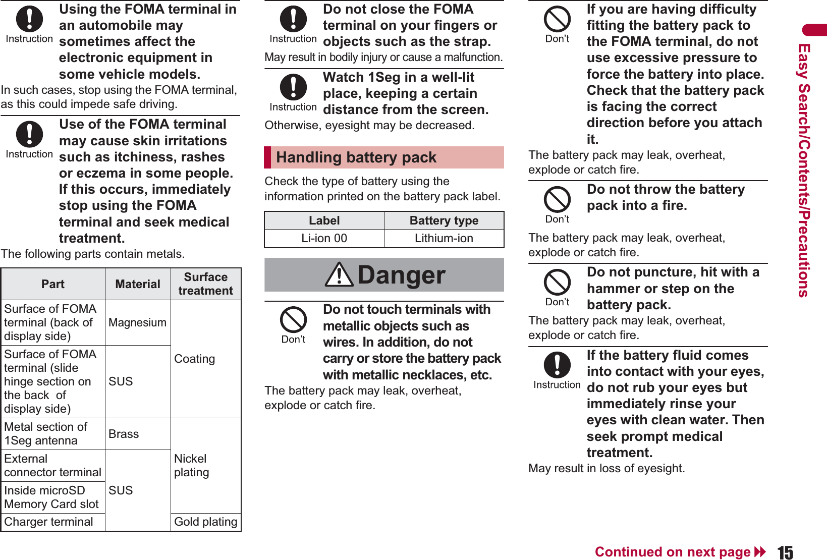 15Continued on next pageEasy Search/Contents/PrecautionsUsing the FOMA terminal in an automobile may sometimes affect the electronic equipment in some vehicle models.In such cases, stop using the FOMA terminal, as this could impede safe driving.Use of the FOMA terminal may cause skin irritations such as itchiness, rashes or eczema in some people. If this occurs, immediately stop using the FOMA terminal and seek medical treatment.The following parts contain metals.Do not close the FOMA terminal on your fingers or objects such as the strap.May result in bodily injury or cause a malfunction.Watch 1Seg in a well-lit place, keeping a certain distance from the screen.Otherwise, eyesight may be decreased.Check the type of battery using the information printed on the battery pack label.Do not touch terminals with metallic objects such as wires. In addition, do not carry or store the battery pack with metallic necklaces, etc.The battery pack may leak, overheat, explode or catch fire.If you are having difficulty fitting the battery pack to the FOMA terminal, do not use excessive pressure to force the battery into place. Check that the battery pack is facing the correct direction before you attach it.The battery pack may leak, overheat, explode or catch fire.Do not throw the battery pack into a fire.The battery pack may leak, overheat, explode or catch fire.Do not puncture, hit with a hammer or step on the battery pack.The battery pack may leak, overheat, explode or catch fire.If the battery fluid comes into contact with your eyes, do not rub your eyes but immediately rinse your eyes with clean water. Then seek prompt medical treatment.May result in loss of eyesight.Part Material Surface treatmentSurface of FOMA terminal (back of display side)MagnesiumCoatingSurface of FOMA terminal (slide hinge section on the back  of display side)SUSMetal section of 1Seg antennaBrassNickelplatingExternal connector terminalSUSInside microSD Memory Card slotCharger terminal Gold platingHandling battery packLabel Battery typeLi-ion 00 Lithium-ionDanger