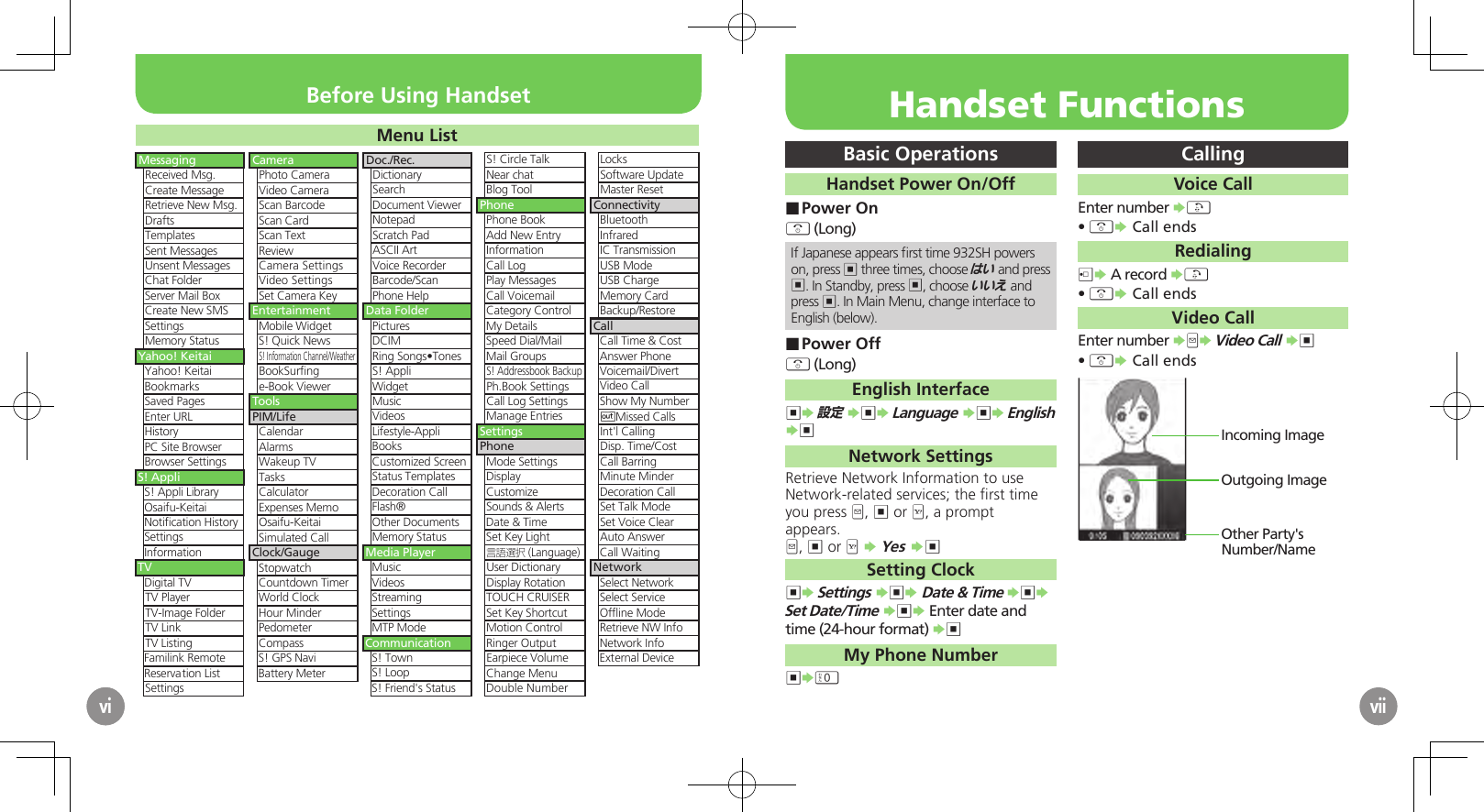viBasic OperationsHandset Power On/OffPower On ■&quot; (Long)If Japanese appears ﬁrst time 932SH powers on, press % three times, choose はい and press %. In Standby, press %, choose いいえ and press %. In Main Menu, change interface to English (below).Power Off ■&quot; (Long)English Interface%S 設定 S%S Language S%S English S%Network SettingsRetrieve Network Information to use Network-related services; the ﬁrst time you press B, % or A, a prompt appears.B, % or A S Yes S%Setting Clock%S Settings S%S Date &amp; Time S%S Set Date/Time S%S Enter date and time (24-hour format) S%My Phone Number%S0 CallingVoice CallEnter number S!&quot;• S Call endsRedialingcS A record S!&quot;• S Call endsVideo CallEnter number SBS Video Call S%&quot;• S Call endsIncoming ImageOutgoing ImageOther Party&apos;s Number/NameviMenu ListMessagingReceived Msg.Create MessageRetrieve New Msg.DraftsTemplatesSent MessagesUnsent MessagesChat FolderServer Mail BoxCreate New SMSSettingsMemory StatusYahoo! KeitaiYahoo! KeitaiBookmarksSaved PagesEnter URLHistoryPC Site BrowserBrowser SettingsS! AppliS! Appli LibraryOsaifu-KeitaiNotiﬁcation HistorySettingsInformationTVDigital TVTV PlayerTV-Image FolderTV LinkTV ListingFamilink RemoteReservation ListSettingsCameraPhoto CameraVideo CameraScan BarcodeScan CardScan TextReviewCamera SettingsVideo SettingsSet Camera KeyEntertainmentMobile WidgetS! Quick NewsS! Information Channel/WeatherBookSurﬁnge-Book ViewerToolsPIM/LifeCalendarAlarmsWakeup TVTasksCalculatorExpenses MemoOsaifu-KeitaiSimulated CallClock/GaugeStopwatchCountdown TimerWorld ClockHour MinderPedometerCompassS! GPS NaviBattery MeterDoc./Rec.DictionarySearchDocument ViewerNotepadScratch PadASCII ArtVoice RecorderBarcode/ScanPhone HelpData FolderPicturesDCIMRing Songs•TonesS! AppliWidgetMusicVideosLifestyle-AppliBooksCustomized ScreenStatus TemplatesDecoration CallFlash®Other DocumentsMemory StatusMedia PlayerMusicVideosStreamingSettingsMTP ModeCommunicationS! TownS! LoopS! Friend&apos;s StatusS! Circle TalkNear chatBlog ToolPhonePhone BookAdd New EntryInformationCall LogPlay MessagesCall VoicemailCategory ControlMy DetailsSpeed Dial/MailMail GroupsS! Addressbook BackupPh.Book SettingsCall Log SettingsManage EntriesSettingsPhoneMode SettingsDisplayCustomizeSounds &amp; AlertsDate &amp; TimeSet Key Light言語選択 (Language)User DictionaryDisplay RotationTOUCH CRUISERSet Key ShortcutMotion ControlRinger OutputEarpiece VolumeChange MenuDouble NumberLocksSoftware UpdateMaster ResetConnectivityBluetoothInfraredIC TransmissionUSB ModeUSB ChargeMemory CardBackup/RestoreCallCall Time &amp; CostAnswer PhoneVoicemail/DivertVideo CallShow My Number)Missed CallsInt&apos;l CallingDisp. Time/CostCall BarringMinute MinderDecoration CallSet Talk ModeSet Voice ClearAuto AnswerCall WaitingNetworkSelect NetworkSelect ServiceOfﬂine ModeRetrieve NW InfoNetwork InfoExternal DeviceviiBefore Using Handset Handset Functions
