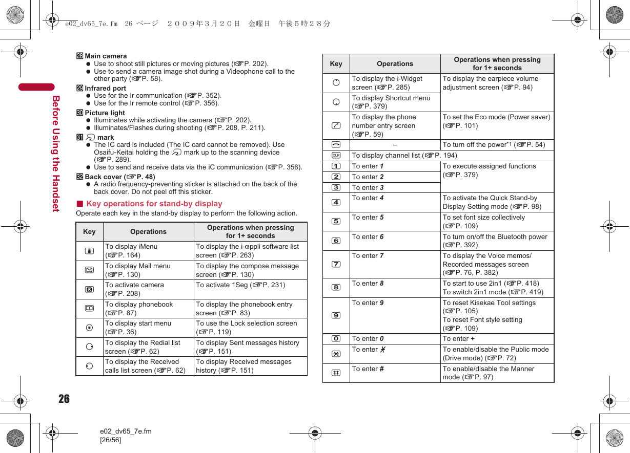 26e02_dv65_7e.fm[26/56]Before Using the HandsetsMain camera Use to shoot still pictures or moving pictures (nP. 202). Use to send a camera image shot during a Videophone call to the other party (nP. 58).tInfrared port Use for the Ir communication (nP. 352). Use for the Ir remote control (nP. 356).uPicture light Illuminates while activating the camera (nP. 202). Illuminates/Flashes during shooting (nP. 208, P. 211).vb mark The IC card is included (The IC card cannot be removed). Use Osaifu-Keitai holding the b mark up to the scanning device (nP. 289). Use to send and receive data via the iC communication (nP. 356).wBack cover (nP. 48) A radio frequency-preventing sticker is attached on the back of the back cover. Do not peel off this sticker.■Key operations for stand-by displayOperate each key in the stand-by display to perform the following action.Key Operations Operations when pressing for 1+ secondsiTo display iMenu (nP. 164)To display the i-appli software list screen (nP. 263)mTo display Mail menu (nP. 130)To display the compose message screen (nP. 130)CTo activate camera (nP. 208)To activate 1Seg (nP. 231)aTo display phonebook (nP. 87)To display the phonebook entry screen (nP. 83)tTo display start menu (nP. 36)To use the Lock selection screen (nP. 119)rTo display the Redial list screen (nP. 62)To display Sent messages history (nP. 151)qTo display the Received calls list screen (nP. 62)To display Received messages history (nP. 151)oTo display the i-Widget screen (nP. 285)To display the earpiece volume adjustment screen (nP. 94)pTo display Shortcut menu (nP. 379)sTo display the phone number entry screen (nP. 59)To set the Eco mode (Power saver) (nP. 101)H– To turn off the power*1 (nP. 54)cTo display channel list (nP. 194)1To enter 1To execute assigned functions (nP. 379)2To enter 23To enter 34To enter 4To activate the Quick Stand-by Display Setting mode (nP. 98)5To enter 5To set font size collectively (nP. 109)6To enter 6To turn on/off the Bluetooth power (nP. 392)7To enter 7To display the Voice memos/Recorded messages screen (nP. 76, P. 382)8To enter 8To start to use 2in1 (nP. 418)To switch 2in1 mode (nP. 419)9To enter 9To reset Kisekae Tool settings (nP. 105)To reset Font style setting (nP. 109)0To enter 0To enter +*To enter bTo enable/disable the Public mode (Drive mode) (nP. 72)#To enter #To enable/disable the Manner mode (nP. 97)Key Operations Operations when pressing for 1+ secondse02_dv65_7e.fm  26 ページ  ２００９年３月２０日　金曜日　午後５時２８分
