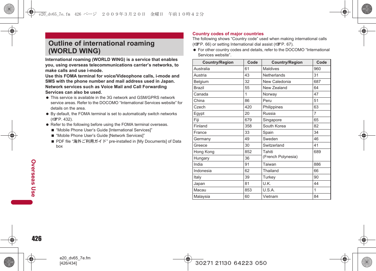 426e20_dv65_7e.fm[426/434]Overseas Use~~~~~ ~~~~~ ~~~~~ ~~~International roaming (WORLD WING) is a service that enables you, using overseas telecommunications carrier’s networks, to make calls and use i-mode.Use this FOMA terminal for voice/Videophone calls, i-mode and SMS with the phone number and mail address used in Japan. Network services such as Voice Mail and Call Forwarding Services can also be used. This service is available in the 3G network and GSM/GPRS network service areas. Refer to the DOCOMO “International Services website” for details on the area. By default, the FOMA terminal is set to automatically switch networks (nP. 432). Refer to the following before using the FOMA terminal overseas.“Mobile Phone User’s Guide [International Services]”“Mobile Phone User’s Guide [Network Services]”PDF file “海外ご利用ガイド” pre-installed in [My Documents] of Data boxCountry codes of major countriesThe following shows “Country code” used when making international calls (nP. 66) or setting International dial assist (nP. 67). For other country codes and details, refer to the DOCOMO “International Services website”.Outline of international roaming (WORLD WING)Country/Region Code Country/Region CodeAustralia 61 Maldives 960Austria 43 Netherlands 31Belgium 32 New Caledonia 687Brazil 55 New Zealand 64Canada 1 Norway 47China 86 Peru 51Czech 420 Philippines 63Egypt 20 Russia 7Fiji 679 Singapore 65Finland 358 South Korea 82France 33 Spain 34Germany 49 Sweden 46Greece 30 Switzerland 41Hong Kong 852 Tahiti(French Polynesia)689Hungary 36India 91 Taiwan 886Indonesia 62 Thailand 66Italy 39 Turkey 90Japan 81 U.K. 44Macau 853 U.S.A. 1Malaysia 60 Vietnam 84e20_dv65_7e.fm  426 ページ  ２００９年３月２０日　金曜日　午前１０時４２分