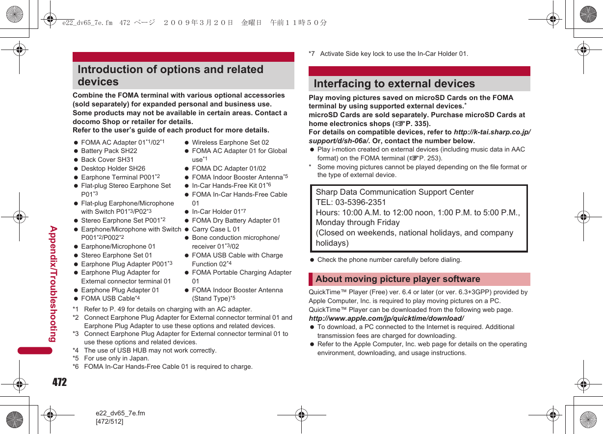472e22_dv65_7e.fm[472/512]Appendix/TroubleshootingCombine the FOMA terminal with various optional accessories (sold separately) for expanded personal and business use.Some products may not be available in certain areas. Contact a docomo Shop or retailer for details.Refer to the user’s guide of each product for more details.*1 Refer to P. 49 for details on charging with an AC adapter.*2 Connect Earphone Plug Adapter for External connector terminal 01 and Earphone Plug Adapter to use these options and related devices.*3 Connect Earphone Plug Adapter for External connector terminal 01 to use these options and related devices.*4 The use of USB HUB may not work correctly.*5 For use only in Japan.*6 FOMA In-Car Hands-Free Cable 01 is required to charge.*7 Activate Side key lock to use the In-Car Holder 01.Play moving pictures saved on microSD Cards on the FOMA terminal by using supported external devices.*microSD Cards are sold separately. Purchase microSD Cards at home electronics shops (nP. 335).For details on compatible devices, refer to http://k-tai.sharp.co.jp/support/d/sh-06a/. Or, contact the number below. Play i-motion created on external devices (including music data in AAC format) on the FOMA terminal (nP. 253).* Some moving pictures cannot be played depending on the file format or the type of external device. Check the phone number carefully before dialing.QuickTime™ Player (Free) ver. 6.4 or later (or ver. 6.3+3GPP) provided by Apple Computer, Inc. is required to play moving pictures on a PC.QuickTime™ Player can be downloaded from the following web page.http://www.apple.com/jp/quicktime/download/ To download, a PC connected to the Internet is required. Additional transmission fees are charged for downloading. Refer to the Apple Computer, Inc. web page for details on the operating environment, downloading, and usage instructions.Introduction of options and related devices FOMA AC Adapter 01*1/02*1 Battery Pack SH22 Back Cover SH31 Desktop Holder SH26 Earphone Terminal P001*2 Flat-plug Stereo Earphone Set P01*3 Flat-plug Earphone/Microphone with Switch P01*3/P02*3 Stereo Earphone Set P001*2 Earphone/Microphone with Switch P001*2/P002*2 Earphone/Microphone 01 Stereo Earphone Set 01 Earphone Plug Adapter P001*3 Earphone Plug Adapter for External connector terminal 01 Earphone Plug Adapter 01 FOMA USB Cable*4 Wireless Earphone Set 02 FOMA AC Adapter 01 for Global use*1  FOMA DC Adapter 01/02 FOMA Indoor Booster Antenna*5  In-Car Hands-Free Kit 01*6 FOMA In-Car Hands-Free Cable 01 In-Car Holder 01*7  FOMA Dry Battery Adapter 01 Carry Case L 01 Bone conduction microphone/receiver 01*3/02 FOMA USB Cable with Charge Function 02*4 FOMA Portable Charging Adapter 01 FOMA Indoor Booster Antenna (Stand Type)*5Interfacing to external devicesAbout moving picture player softwareSharp Data Communication Support CenterTEL: 03-5396-2351Hours: 10:00 A.M. to 12:00 noon, 1:00 P.M. to 5:00 P.M., Monday through Friday(Closed on weekends, national holidays, and company holidays)e22_dv65_7e.fm  472 ページ  ２００９年３月２０日　金曜日　午前１１時５０分