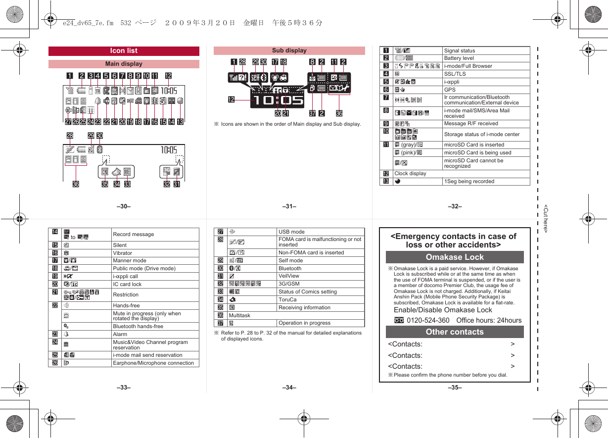 &lt;Cut here&gt;※Icons are shown in the order of Main display and Sub display.Icon listMain display12345 7 b cpmlkjihgnq or fes&lt;zydvwu6 a98xtSub display1s tu hi 82 b 2kl &gt; 2 &lt;c1]/aSignal status2&quot;/bBattery level37=IJAABNO i-mode/Full Browser4oSSL/TLS5GNIQ i-appli6AB GPS7J#Ntu Ir communication/Bluetooth communication/External device8UhHv[/xi-mode mail/SMS/Area Mail received 9ABJMessage R/F receivedaWGIXSTKL Storage status of i-mode centerb^ (gray)/mmicroSD Card is inserted^ (pink)/lmicroSD Card is being useda/rmicroSD Card cannot be recognizedcClock displayda1Seg being recorded※Refer to P. 28 to P. 32 of the manual for detailed explanations of displayed icons.e]D to PkRecord messagef[SilentgbVibratorhZ/fManner modei_/dPublic mode (Drive mode)jai-appli callkH/cIC card lock lRSTUVWKX/ie Restrictionm;Hands-freelMute in progress (only when rotated the display)MBluetooth hands-freen\Alarmo0Music&amp;Video Channel program reservationp=; i-mode mail send reservationqsEarphone/Microphone connectionrxUSB modesR/jFOMA card is malfunctioning or not insertedB/hNon-FOMA card is insertedtg/gSelf modeuL/yBluetoothvPVeilVieww SQRVUT 3G/GSMxIH Status of Comics settingyQToruCazCReceiving information &lt;Multitask&gt;wOperation in progress&lt;Emergency contacts in case of loss or other accidents&gt;Omakase Lock※Omakase Lock is a paid service. However, if Omakase Lock is subscribed while or at the same time as when the use of FOMA terminal is suspended, or if the user is a member of docomo Premier Club, the usage fee of Omakase Lock is not charged. Additionally, if Keitai Anshin Pack (Mobile Phone Security Package) is subscribed, Omakase Lock is available for a flat-rate.Enable/Disable Omakase Locks0120-524-360 Office hours: 24hoursOther contacts&lt;Contacts: &gt;&lt;Contacts: &gt;&lt;Contacts: &gt;※Please confirm the phone number before you dial.–31––34––30– –32––35––33–e24_dv65_7e.fm  532 ページ  ２００９年３月２０日　金曜日　午後５時３６分