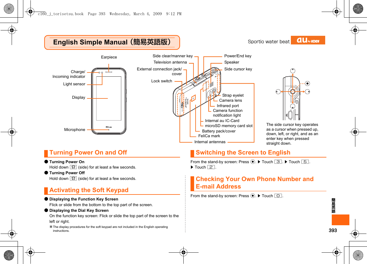 393簡易英語English Simple Manual （簡易英語版）Turning Power On and Off●Turning Power OnHold down F (side) for at least a few seconds.●Turning Power OffHold down F (side) for at least a few seconds.Activating the Soft Keypad●Displaying the Function Key ScreenFlick or slide from the bottom to the top part of the screen.●Displaying the Dial Key ScreenOn the function key screen: Flick or slide the top part of the screen to the left or right.※The display procedures for the soft keypad are not included in the English operating instructions.Switching the Screen to EnglishFrom the stand-by screen: Press c. z Touch 3. z Touch 5.z Touch 2.Checking Your Own Phone Number and E-mail AddressFrom the stand-by screen: Press c. z Touch 0.Sportio water beatEarpieceCharge/Incoming indicatorLight sensorDisplayMicrophoneLock switchExternal connection jack/coverTelevision antennaSide clear/manner key Power/End keySpeakerSide cursor keyStrap eyeletCamera lensInfrared portCamera function notification lightInternal au IC-CardmicroSD memory card slotBattery pack/coverFeliCa markInternal antennasThe side cursor key operates as a cursor when pressed up, down, left, or right, and as an enter key when pressed straight down.c160_j_torisetsu.book  Page 393  Wednesday, March 4, 2009  9:12 PM