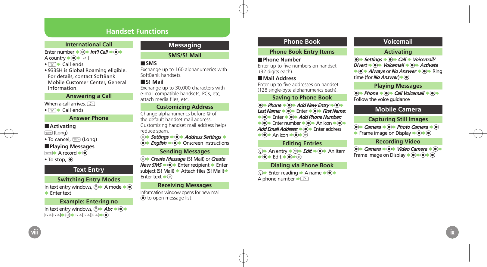 ix5ixviiiInternational CallEnter number SBS Int&apos;l Call S%S A country S%S!&quot;• S Call ends933SH is Global Roaming eligible. • For details, contact SoftBank Mobile Customer Center, General Information.Answering a CallWhen a call arrives, !&quot;• S Call endsAnswer PhoneActivating ■$ (Long)To cancel, • $ (Long)Playing Messages ■$S A record S%To stop, • %Text EntrySwitching Entry ModesIn text entry windows, &amp;S A mode S% S Enter textExample: Entering noIn text entry windows, &amp;S Abc S%S 66SdS666S%MessagingSMS/S! MailSMS ■Exchange up to 160 alphanumerics with SoftBank handsets.S! Mail ■Exchange up to 30,000 characters with e-mail compatible handsets, PCs, etc; attach media ﬁles, etc.Customizing AddressChange alphanumerics before @ of the default handset mail address. Customizing handset mail address helps reduce spam.BS Settings S%S Address Settings S %S English S%S Onscreen instructionsSending MessagesBS Create Message (S! Mail) or Create New SMS S%S Enter recipient S Enter subject (S! Mail) S Attach ﬁles (S! Mail)S Enter text SAReceiving MessagesInformation window opens for new mail.% to open message list.ixPhone BookPhone Book Entry ItemsPhone Number ■Enter up to ﬁve numbers on handset  (32 digits each).Mail Address ■Enter up to ﬁve addresses on handset  (128 single-byte alphanumerics each).Saving to Phone Book%S Phone S%S Add New Entry S%S Last Name: S%S Enter S%S First Name: S%S Enter S%S Add Phone Number: S%S Enter number S%S An icon S%S Add Email Address: S%S Enter address S%S An icon S%SAEditing EntriesbS An entry SBS Edit S%S An item S%S Edit S%SADialing via Phone BookbS Enter reading S A name S%S  A phone number S!VoicemailActivating%S Settings S%S Call S Voicemail/Divert S%S Voicemail S%S Activate S%S Always or No Answer S%S Ring time (for No Answer)S%Playing Messages%S Phone S%S Call Voicemail S%S Follow the voice guidanceMobile CameraCapturing Still Images%S Camera S%S Photo Camera S% S Frame image on Display S%S%Recording Video%S Camera S%S Video Camera S%S Frame image on Display S%S%S%Handset Functions