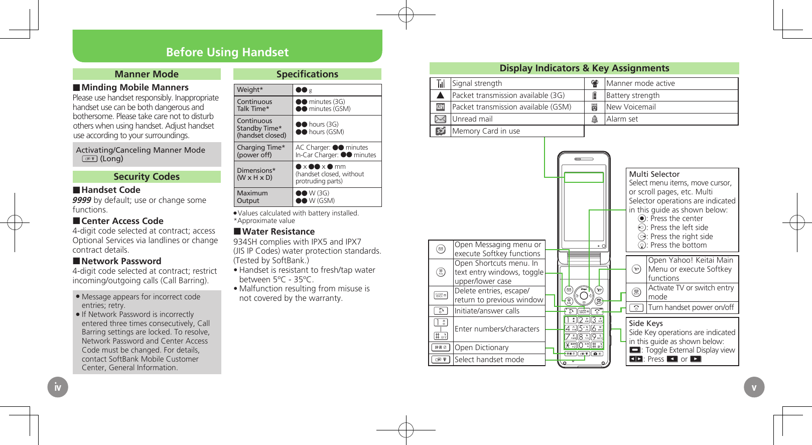 Display Indicators &amp; Key AssignmentsSignal strength Manner mode active▲Packet transmission available (3G) Battery strengthPacket transmission available (GSM) New VoicemailUnread mail Alarm setMemory Card in useBOpen Messaging menu or execute Softkey functions&apos;Open Shortcuts menu. In text entry windows, toggle upper/lower case$Delete entries, escape/return to previous window!Initiate/answer calls1|#Enter numbers/characters~Open Dictionary)Select handset modeMulti SelectorSelect menu items, move cursor, or scroll pages, etc. Multi Selector operations are indicated in this guide as shown below:%: Press the centerc: Press the left sided: Press the right sideb: Press the bottomAOpen Yahoo! Keitai Main Menu or execute Softkey functions&amp;Activate TV or switch entry mode &quot;Turn handset power on/offSide KeysSide Key operations are indicated in this guide as shown below:I: Toggle External Display view L: Press E or FivManner ModeMinding Mobile Manners ■Please use handset responsibly. Inappropriate handset use can be both dangerous and bothersome. Please take care not to disturb others when using handset. Adjust handset use according to your surroundings.Activating/Canceling Manner Mode) (Long)Security CodesHandset Code ■9999 by default; use or change some functions.Center Access Code ■4-digit code selected at contract; access Optional Services via landlines or change contract details.Network Password ■4-digit code selected at contract; restrict incoming/outgoing calls (Call Barring).Message appears for incorrect code  .entries; retry.If Network Password is incorrectly  .entered three times consecutively, Call Barring settings are locked. To resolve, Network Password and Center Access Code must be changed. For details, contact SoftBank Mobile Customer Center, General Information.SpeciﬁcationsWeight* ●● gContinuousTalk Time*●● minutes (3G)●● minutes (GSM)Continuous Standby Time* (handset closed)●● hours (3G)●● hours (GSM)Charging Time*(power off)AC Charger: ●● minutesIn-Car Charger: ●● minutesDimensions*(W x H x D)● x ●● x ● mm(handset closed, without protruding parts)Maximum Output●● W (3G)●● W (GSM)Values calculated with battery installed. .*Approximate valueWater Resistance ■934SH complies with IPX5 and IPX7 (JIS IP Codes) water protection standards. (Tested by SoftBank.)Handset is resistant to fresh/tap water • between 5ºC - 35ºC.Malfunction resulting from misuse is • not covered by the warranty.vBefore Using Handset
