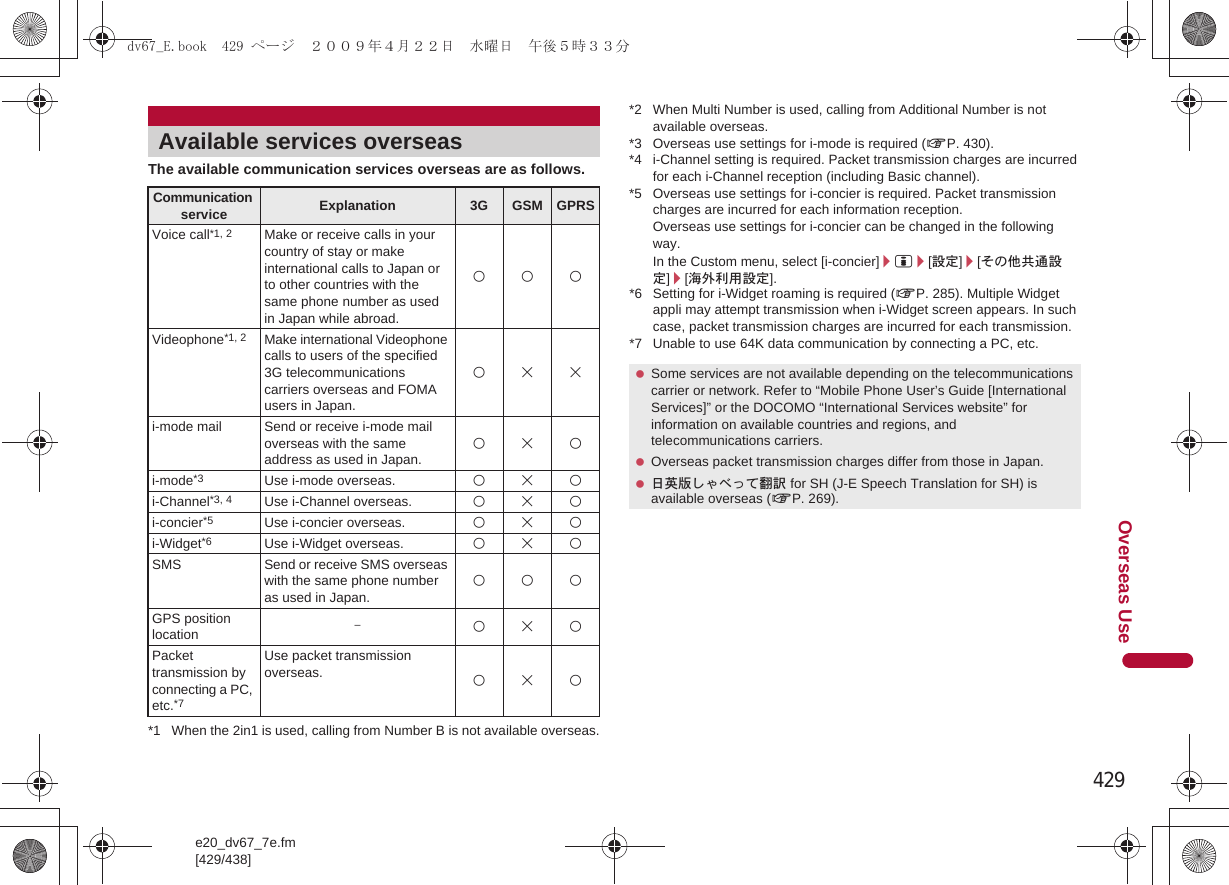 429e20_dv67_7e.fm[429/438]Overseas UseThe available communication services overseas are as follows.*1 When the 2in1 is used, calling from Number B is not available overseas.*2 When Multi Number is used, calling from Additional Number is not available overseas.*3 Overseas use settings for i-mode is required (nP. 430).*4 i-Channel setting is required. Packet transmission charges are incurred for each i-Channel reception (including Basic channel).*5 Overseas use settings for i-concier is required. Packet transmission charges are incurred for each information reception.Overseas use settings for i-concier can be changed in the following way. In the Custom menu, select [i-concier]/i/[設定]/[その他共通設定]/[海外利用設定].*6 Setting for i-Widget roaming is required (nP. 285). Multiple Widget appli may attempt transmission when i-Widget screen appears. In such case, packet transmission charges are incurred for each transmission.*7 Unable to use 64K data communication by connecting a PC, etc.Available services overseasCommunication service Explanation 3G GSM GPRSVoice call*1, 2 Make or receive calls in your country of stay or make international calls to Japan or to other countries with the same phone number as used in Japan while abroad.AAAVideophone*1, 2 Make international Videophone calls to users of the specified 3G telecommunications carriers overseas and FOMA users in Japan.ABBi-mode mail Send or receive i-mode mail overseas with the same address as used in Japan.ABAi-mode*3 Use i-mode overseas. ABAi-Channel*3, 4 Use i-Channel overseas. ABAi-concier*5 Use i-concier overseas. ABAi-Widget*6 Use i-Widget overseas. ABASMS Send or receive SMS overseas with the same phone number as used in Japan.AAAGPS position location –ABAPacket transmission by connecting a PC, etc.*7Use packet transmission overseas. ABA Some services are not available depending on the telecommunications carrier or network. Refer to “Mobile Phone User’s Guide [International Services]” or the DOCOMO “International Services website” for information on available countries and regions, and telecommunications carriers. Overseas packet transmission charges differ from those in Japan. 日英版しゃべって翻訳 for SH (J-E Speech Translation for SH) is available overseas (nP. 269).dv67_E.book  429 ページ  ２００９年４月２２日　水曜日　午後５時３３分