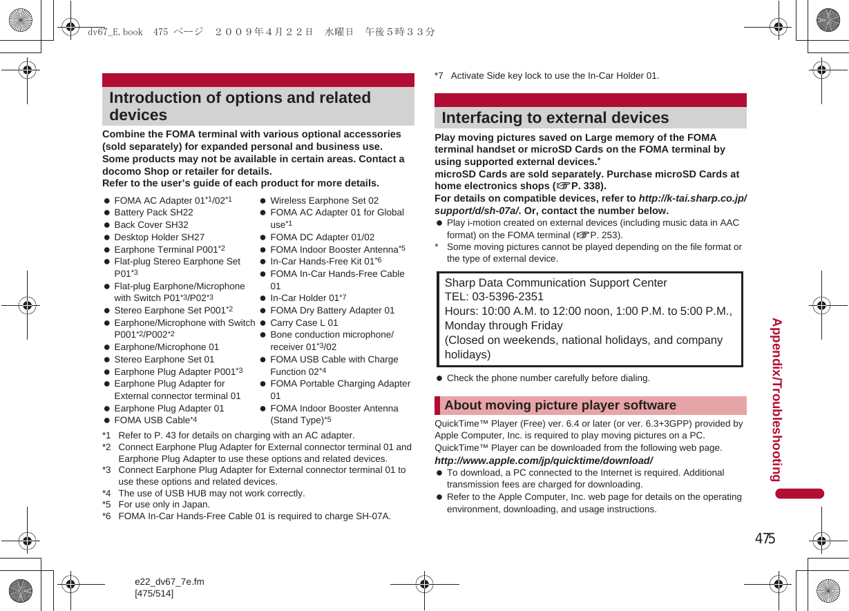 475e22_dv67_7e.fm[475/514]Appendix/TroubleshootingCombine the FOMA terminal with various optional accessories (sold separately) for expanded personal and business use.Some products may not be available in certain areas. Contact a docomo Shop or retailer for details.Refer to the user’s guide of each product for more details.*1 Refer to P. 43 for details on charging with an AC adapter.*2 Connect Earphone Plug Adapter for External connector terminal 01 and Earphone Plug Adapter to use these options and related devices.*3 Connect Earphone Plug Adapter for External connector terminal 01 to use these options and related devices.*4 The use of USB HUB may not work correctly.*5 For use only in Japan.*6 FOMA In-Car Hands-Free Cable 01 is required to charge SH-07A.*7 Activate Side key lock to use the In-Car Holder 01.Play moving pictures saved on Large memory of the FOMA terminal handset or microSD Cards on the FOMA terminal by using supported external devices.*microSD Cards are sold separately. Purchase microSD Cards at home electronics shops (nP. 338).For details on compatible devices, refer to http://k-tai.sharp.co.jp/support/d/sh-07a/. Or, contact the number below. Play i-motion created on external devices (including music data in AAC format) on the FOMA terminal (nP. 253).* Some moving pictures cannot be played depending on the file format or the type of external device. Check the phone number carefully before dialing.QuickTime™ Player (Free) ver. 6.4 or later (or ver. 6.3+3GPP) provided by Apple Computer, Inc. is required to play moving pictures on a PC.QuickTime™ Player can be downloaded from the following web page.http://www.apple.com/jp/quicktime/download/ To download, a PC connected to the Internet is required. Additional transmission fees are charged for downloading. Refer to the Apple Computer, Inc. web page for details on the operating environment, downloading, and usage instructions.Introduction of options and related devices FOMA AC Adapter 01*1/02*1 Battery Pack SH22 Back Cover SH32 Desktop Holder SH27 Earphone Terminal P001*2 Flat-plug Stereo Earphone Set P01*3 Flat-plug Earphone/Microphone with Switch P01*3/P02*3 Stereo Earphone Set P001*2 Earphone/Microphone with Switch P001*2/P002*2 Earphone/Microphone 01 Stereo Earphone Set 01 Earphone Plug Adapter P001*3 Earphone Plug Adapter for External connector terminal 01 Earphone Plug Adapter 01 FOMA USB Cable*4 Wireless Earphone Set 02 FOMA AC Adapter 01 for Global use*1  FOMA DC Adapter 01/02 FOMA Indoor Booster Antenna*5  In-Car Hands-Free Kit 01*6 FOMA In-Car Hands-Free Cable 01 In-Car Holder 01*7  FOMA Dry Battery Adapter 01 Carry Case L 01 Bone conduction microphone/receiver 01*3/02 FOMA USB Cable with Charge Function 02*4 FOMA Portable Charging Adapter 01 FOMA Indoor Booster Antenna (Stand Type)*5Interfacing to external devicesAbout moving picture player softwareSharp Data Communication Support CenterTEL: 03-5396-2351Hours: 10:00 A.M. to 12:00 noon, 1:00 P.M. to 5:00 P.M., Monday through Friday(Closed on weekends, national holidays, and company holidays)dv67_E.book  475 ページ  ２００９年４月２２日　水曜日　午後５時３３分