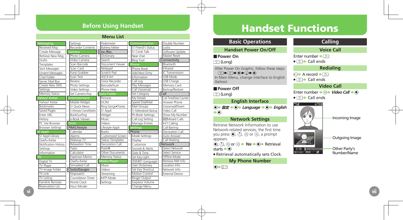 viBasic OperationsHandset Power On/OffPower On ■&quot; (Long)After Power On Graphic, follow these steps:&quot;S&quot;S%SbS%In Main Menu, change interface to English(below).Power Off ■&quot; (Long)English Interface%S 設定 S%S Language S%S English S%Network SettingsRetrieve Network Information to use Network-related services; the ﬁrst time you press %, a, B or A, a prompt appears.%, a, B or A S Yes S%S Retrieval starts S%Retrieval automatically sets Clock. .My Phone Number%S0 CallingVoice CallEnter number S!&quot; .S Call endsRedialingcS A record S!&quot; .S Call endsVideo CallEnter number SBS Video Call S%&quot; .S Call endsIncoming ImageOutgoing ImageOther Party&apos;s Number/NameviMenu ListMessagingReceived Msg.Create MessageRetrieve New Msg.DraftsTemplatesSent MessagesUnsent MessagesChat FolderServer Mail BoxCreate New SMSSettingsMemory StatusYahoo! KeitaiYahoo! KeitaiBookmarksSaved PagesEnter URLHistoryPC Site BrowserBrowser SettingsS! AppliS! Appli LibraryOsaifu-KeitaiNotiﬁcation HistorySettingsInformationTVDigital TVTV PlayerTV-Image FolderTV LinkTV ListingFamilink RemoteReservation ListSettingsRecorder ContentsCameraPhoto CameraVideo CameraScan BarcodeScan CardKanji GrabberScan TextReviewPhoto SettingsVideo SettingsSet Camera KeyEntertainmentMobile WidgetS! Quick NewsS! Information Channel/WeatherBookSurﬁnge-Book ViewerToolsPIM/LifestyleCalendarAlarmsWakeup TVRelaxation TimeTasksCalculatorExpenses MemoOsaifu-KeitaiSimulated CallClocks/GaugesStopwatchCountdown TimerWorld ClockHour MinderPedometerBattery MeterDoc./Rec.DictionarySearchDocument ViewerNotepadScratch PadASCII ArtVoice RecorderBarcode/ScanPhone HelpData FolderPicturesDCIMRing Songs•TonesS! AppliWidgetMusicVideosLifestyle-AppliBooksCustomized ScreenStatus TemplatesDecoration CallFlash®Other DocumentsMemory StatusMedia PlayerMusicVideosStreamingMTP ModeSettingsCommunicationS! Friend&apos;s StatusS! Circle TalkNear chatBlog ToolPhonePhone BookAdd New EntryInformationCall LogPlay MessagesCall VoicemailSet CategoryMy DetailsSpeed Dial/MailMail GroupsS! Addressbook BackupPh.Book SettingsCall Log SettingManage EntriesSettingsPhoneMode SettingsDisplayCustomizeSounds &amp; AlertsDate &amp; TimeSet Key Light言語選択 (Language)User DictionarySet Key ShortcutMotion ControlRinger OutputEarpiece VolumeChange MenuDouble NumberLocksSoftware UpdateMaster ResetConnectivityBluetoothInfraredIC TransmissionUSB ModeUSB ChargeMemory CardBackup/RestoreCallCall Time/Data CounterAnswer PhoneVoicemail/DivertVideo CallShow My Number)Missed CallsInt&apos;l CallingCall BarringDecoration CallAuto AnswerCall WaitingNetworkSelect NetworkSelect ServiceOfﬂine ModeRetrieve NW InfoLocation InfoNetwork InfoExternal DeviceviiBefore Using Handset Handset Functions