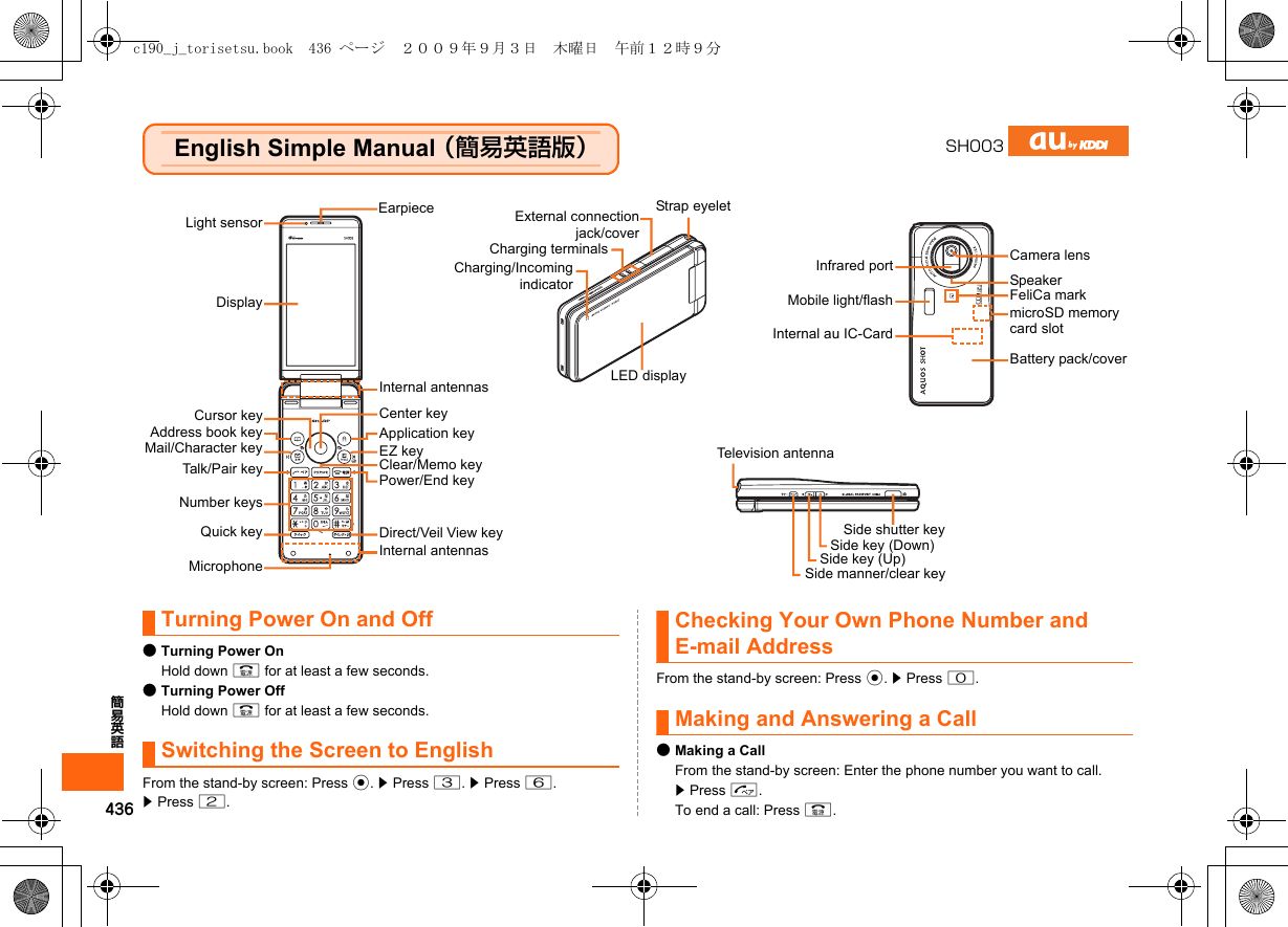 436簡易英語English Simple Manual （簡易英語版）Turning Power On and Off●Turning Power OnHold down F for at least a few seconds.●Turning Power OffHold down F for at least a few seconds.Switching the Screen to EnglishFrom the stand-by screen: Press c. z Press 3. z Press 6.z Press 2.Checking Your Own Phone Number and E-mail AddressFrom the stand-by screen: Press c. z Press 0.Making and Answering a Call●Making a CallFrom the stand-by screen: Enter the phone number you want to call. z Press N.To end a call: Press F.SH003Light sensorDisplayCursor keyAddress book keyMail/Character keyTalk/Pair keyNumber keysMicrophoneCenter keyApplication keyEZ keyClear/Memo keyPower/End keyCamera lensFeliCa markInternal antennasTelevision antennaEarpieceQuick key Direct/Veil View keyMobile light/flashInternal au IC-CardSide key (Up)Side shutter keyBattery pack/covermicroSD memory card slotSide key (Down)SpeakerInfrared portCharging terminalsSide manner/clear keyStrap eyeletLED displayExternal connectionjack/coverInternal antennasCharging/Incomingindicatorc190_j_torisetsu.book  436 ページ  ２００９年９月３日　木曜日　午前１２時９分