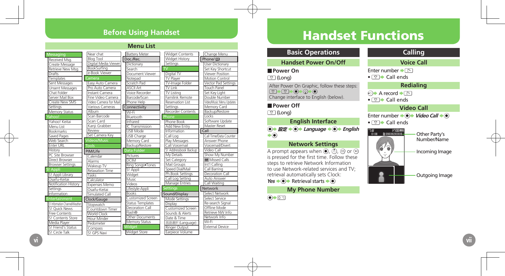 viBasic OperationsHandset Power On/OffPower On ■&quot; (Long)After Power On Graphic, follow these steps:&quot;S&quot;S%SbS%Change interface to English (below).Power Off ■&quot; (Long)English Interface%S 設定 S%S Language S%S English S%Network SettingsA prompt appears when %, a, B or A is pressed for the ﬁrst time. Follow these steps to retrieve Network Information to use Network-related services and TV; retrieval automatically sets Clock:Yes S%S Retrieval starts S%My Phone Number%S0 CallingVoice CallEnter number S!&quot;• S Call endsRedialingcS A record S!&quot;• S Call endsVideo CallEnter number S%S Video Call S%&quot;• S Call endsIncoming ImageOutgoing ImageOther Party&apos;s Number/NameviMenu ListMessagingReceived Msg.Create MessageRetrieve New Msg.DraftsTemplatesSent MessagesUnsent MessagesChat FolderServer Mail BoxCreate New SMSSettingsMemory StatusYahoo!Yahoo! KeitaiMenu ListBookmarksSaved PagesWeb SearchEnter URLHistoryPC Site BrowserDirect BrowserBrowser SettingsS! AppliS! Appli LibraryOsaifu-KeitaiNotiﬁcation HistorySettingsInformationEntertainmentS! Information Channel/WeatherS! Quick NewsFree ContentsS! Contents StoreMedia PlayerS! Friend&apos;s StatusS! Circle TalkNear chatBlog ToolDigital Media ViewerBookSurﬁnge-Book ViewerCameraEasy Auto CameraPro Auto CameraInstant CameraFine Video CameraVideo Camera for MailVarious CamerasAlbumScan BarcodeScan CardKanji GrabberReviewSet Camera KeyVideos/MusicToolsPIM/LifeCalendarAlarmsWakeup TVRelaxation TimeTasksCalculatorExpenses MemoOsaifu-KeitaiSimulated CallClock/GaugeStopwatchCountdown TimerWorld ClockHour MinderPedometerCompassS! GPS NaviBattery MeterDoc./Rec.DictionarySearchDocument ViewerNotepadScratch PadASCII ArtVoice RecorderBarcode/ScanPhone HelpConnectivityWi-FiBluetoothInfraredIC TransmissionUSB ModeUSB ChargeMemory CardBackup/RestoreData FolderPicturesDCIMRing Songs•TonesS! AppliWidgetMusicVideosLifestyle-AppliBooksCustomized ScreenStatus TemplatesDecoration CallFlash®Other DocumentsMemory StatusWidgetWidget StoreWidget ContentsWidget HistorySettingsTVDigital TVTV PlayerTV-Image FolderTV LinkTV ListingFamilink RemoteReservation ListSettingsRecorder ContentsPhonePhone BookAdd New EntryInformationCall LogPlay MessagesCall VoicemailS! Addressbook BackupMy DetailsSet CategoryMail GroupsSpeed Dial/MailPh.Book SettingsCall Log SettingManage EntriesSettingsSound/DisplayMode SettingsDisplayCustomized ScreenSounds &amp; AlertsDate &amp; Time言語選択 (Language)Ringer OutputEarpiece VolumeChange MenuPhone/User DictionarySet Key ShortcutViewer PositionMotion ControlVector Pad SettingsTouch PanelSet Key LightDouble NumberVideo/Music Menu UpdatesMemory CardBackup/RestoreLocksSoftware UpdateMaster ResetCallCall Time/Data CounterAnswer PhoneVoicemail/DivertVideo CallShow My Number Missed CallsInt&apos;l CallingCall BarringDecoration CallAuto AnswerCall WaitingNetworkSelect NetworkSelect ServiceRe-search SignalOfﬂine ModeRetrieve NW InfoNetwork InfoWi-FiExternal DeviceviiBefore Using Handset Handset Functions
