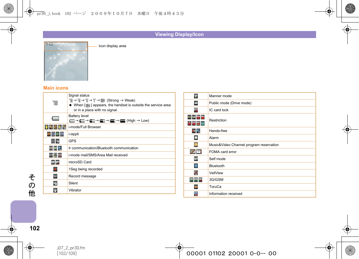 102j07_2_pr30.fm[102/109] ~~~~~~~~~~~~~~~~~~~~ ~~その他Main iconsViewing Display/IconIcon display areaSignal statusbbbb  (Strong b Weak) When [ ] appears, the handset is outside the service area or in a place with no signal. Battery levelbbbbb (High b Low)i-mode/Full Browseri-appliGPSIr communication/Bluetooth communicationi-mode mail/SMS/Area Mail receivedmicroSD Card1Seg being recordedRecord messageSilentVibratorManner modePublic mode (Drive mode)IC card lockRestrictionHands-freeAlarmMusic&amp;Video Channel program reservationFOMA card errorSelf modeBluetoothVeilView3G/GSMToruCaInformation receivedpr30_j.book  102 ページ  ２００９年１０月７日　水曜日　午後４時４３分